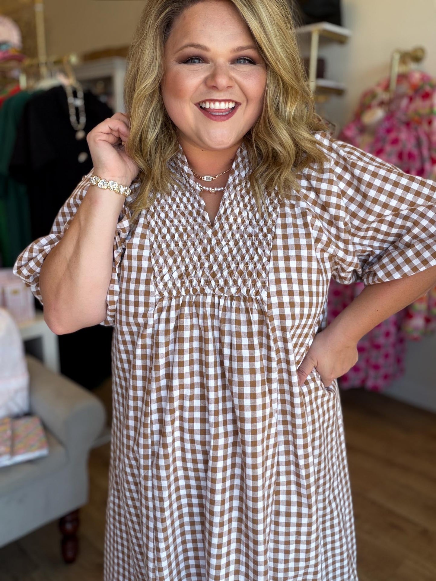 Cinnamon Skies Curvy Brown Gingham Midi Dress