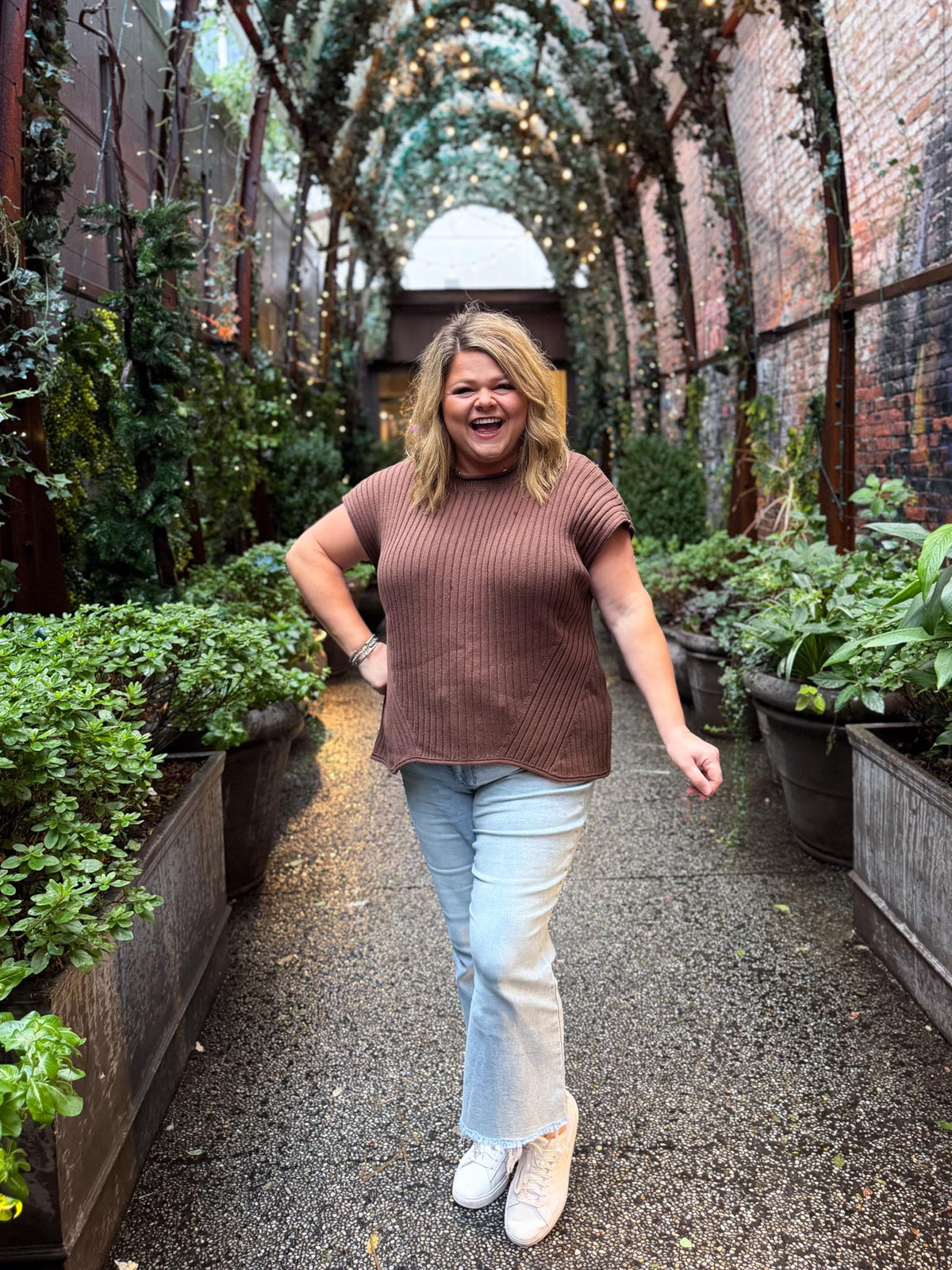 Cinnamon Suede Plus-Size Brown Ribbed Sweater Top