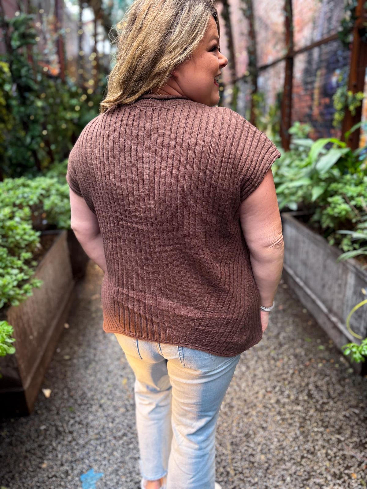 Cinnamon Suede Plus-Size Brown Ribbed Sweater Top