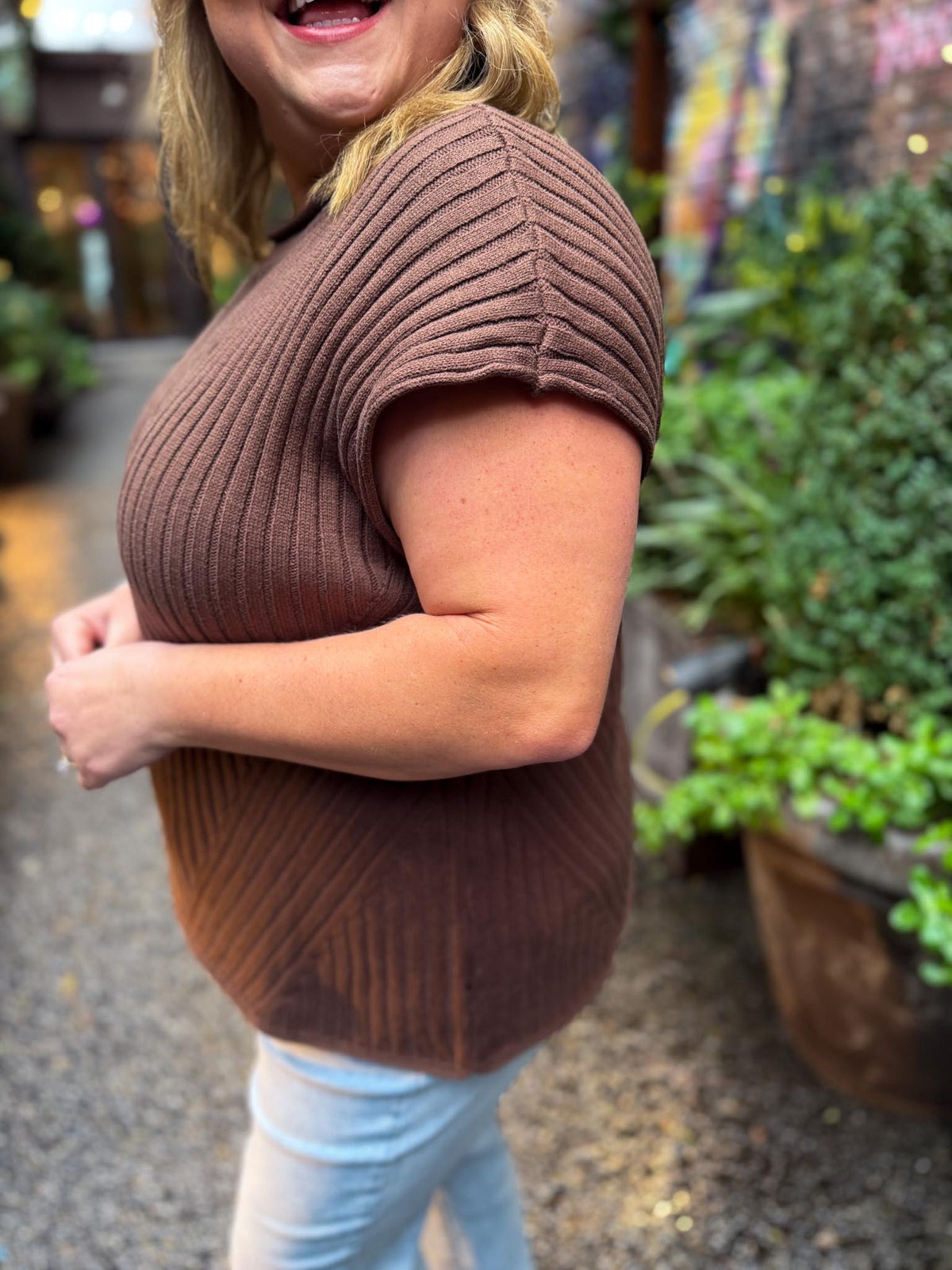 Cinnamon Suede Plus-Size Brown Ribbed Sweater Top