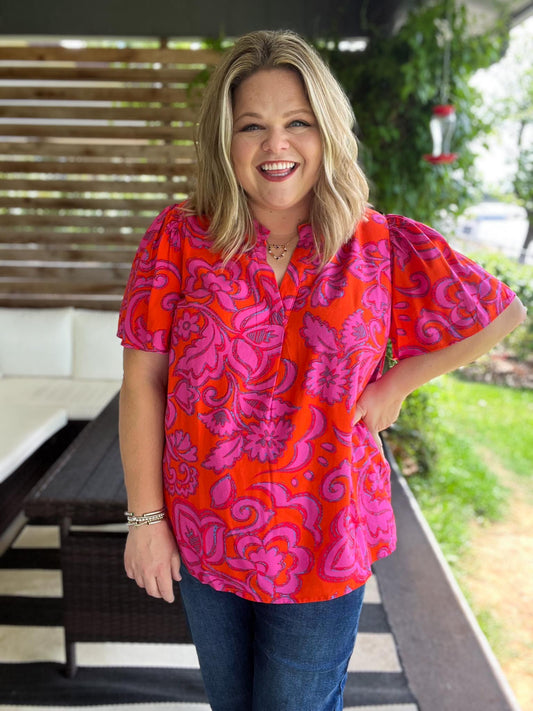Citrus Crush Plus-Size Floral Pleated Top