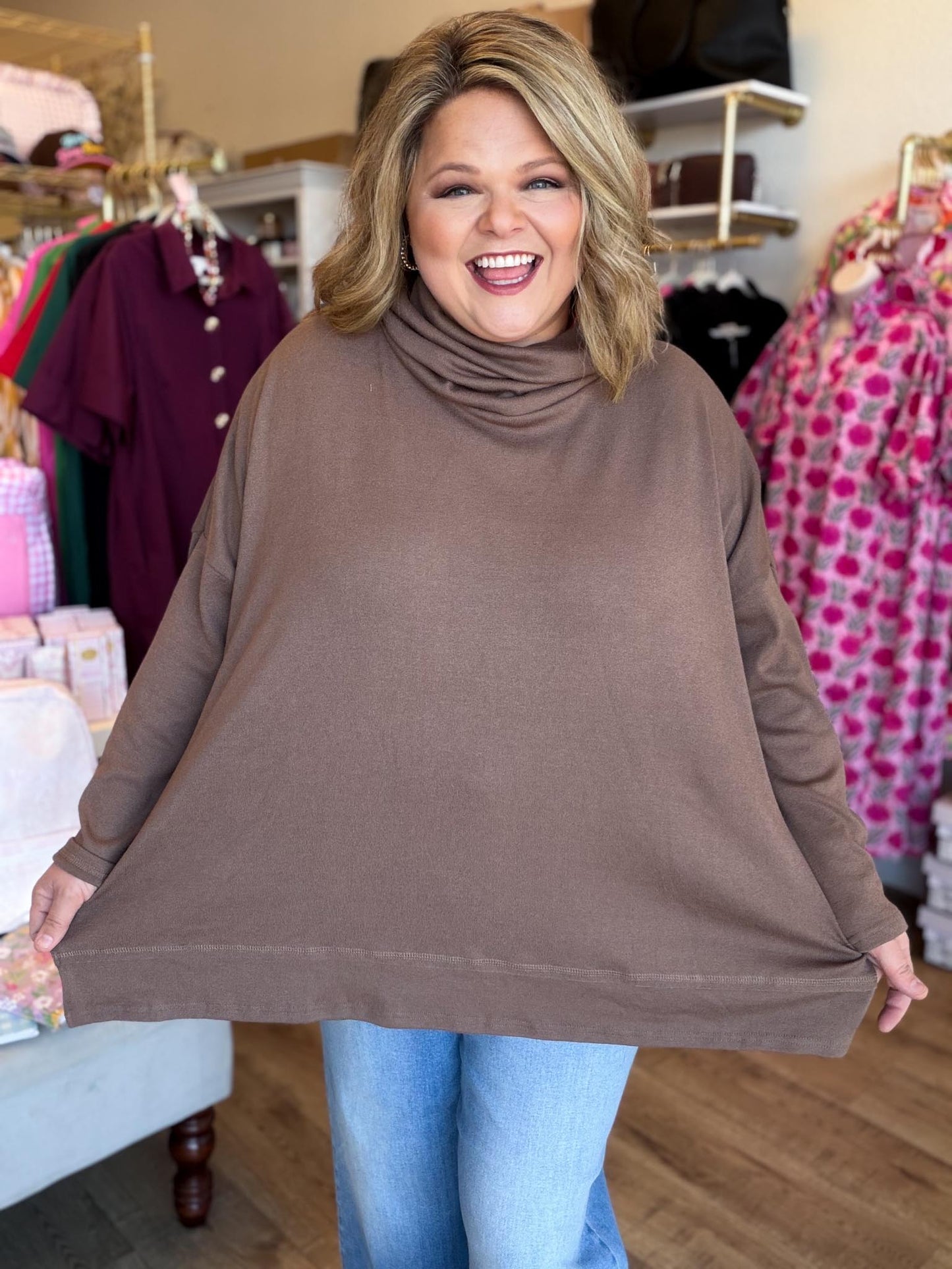 Classic Cocoa Curvy Mocha Turtleneck Knit Top