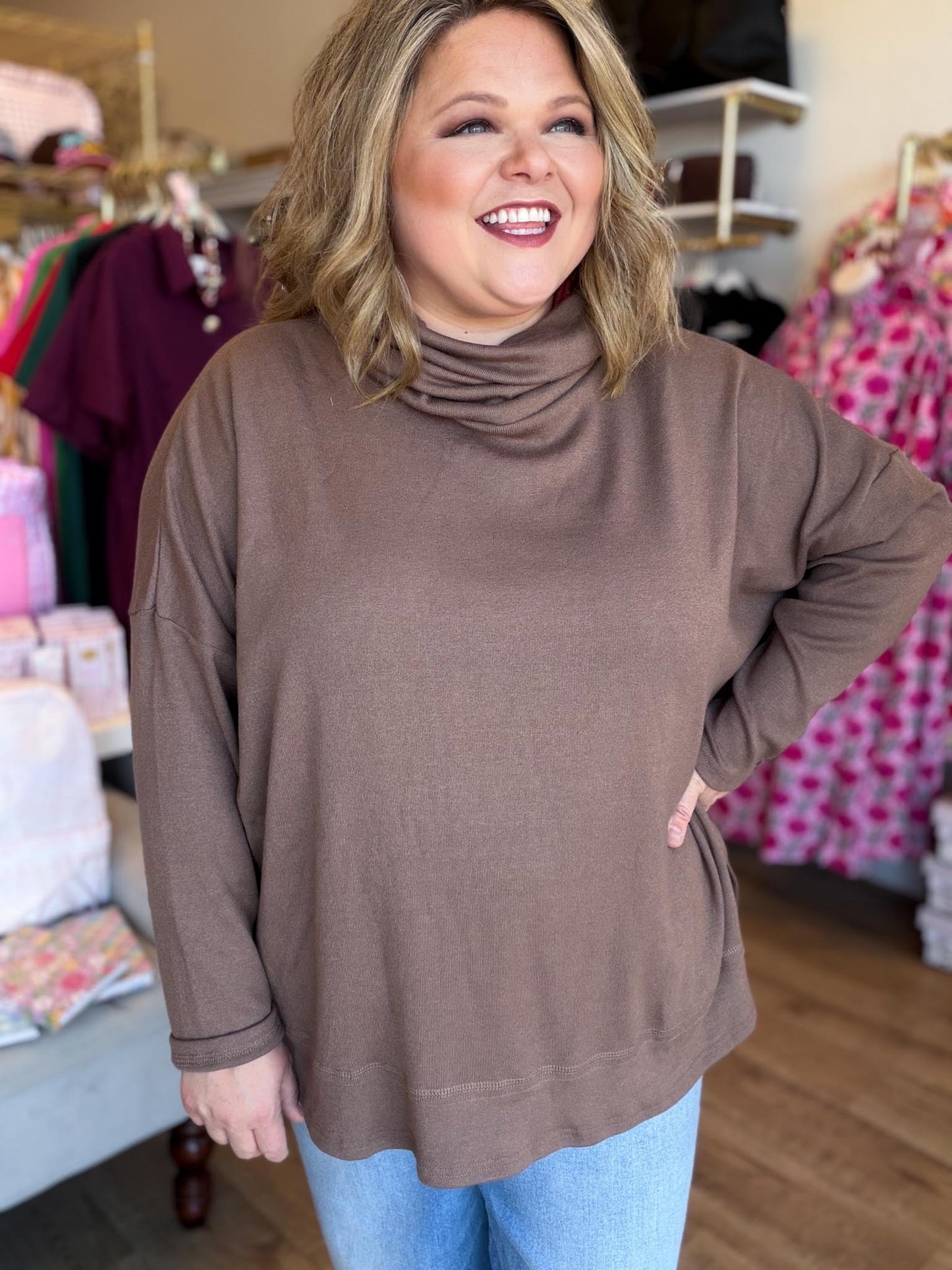 Classic Cocoa Curvy Mocha Turtleneck Knit Top