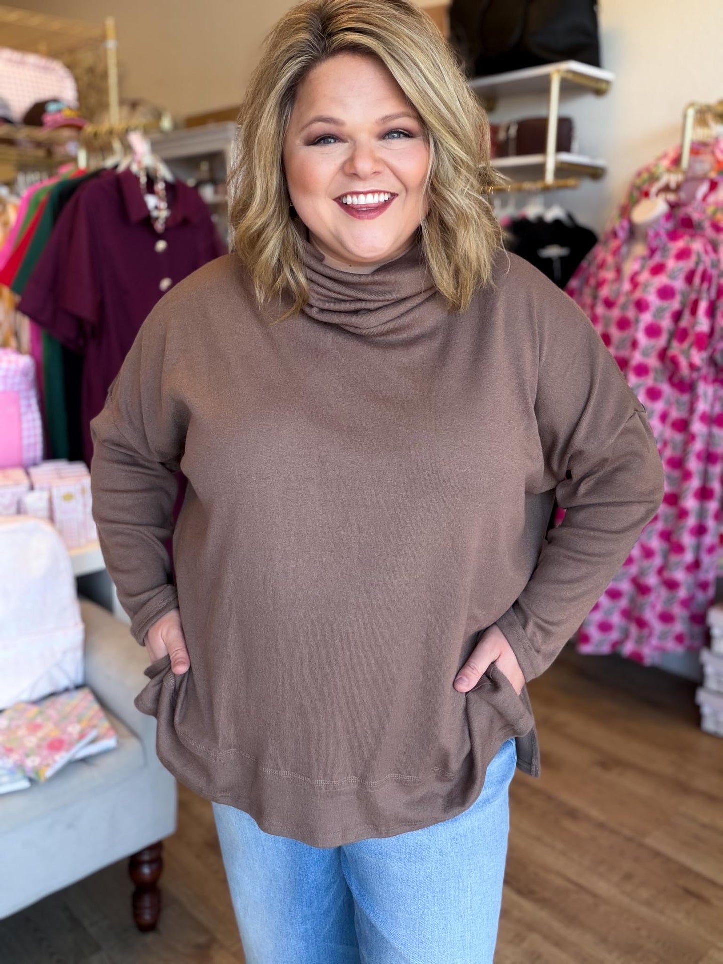 Classic Cocoa Curvy Mocha Turtleneck Knit Top