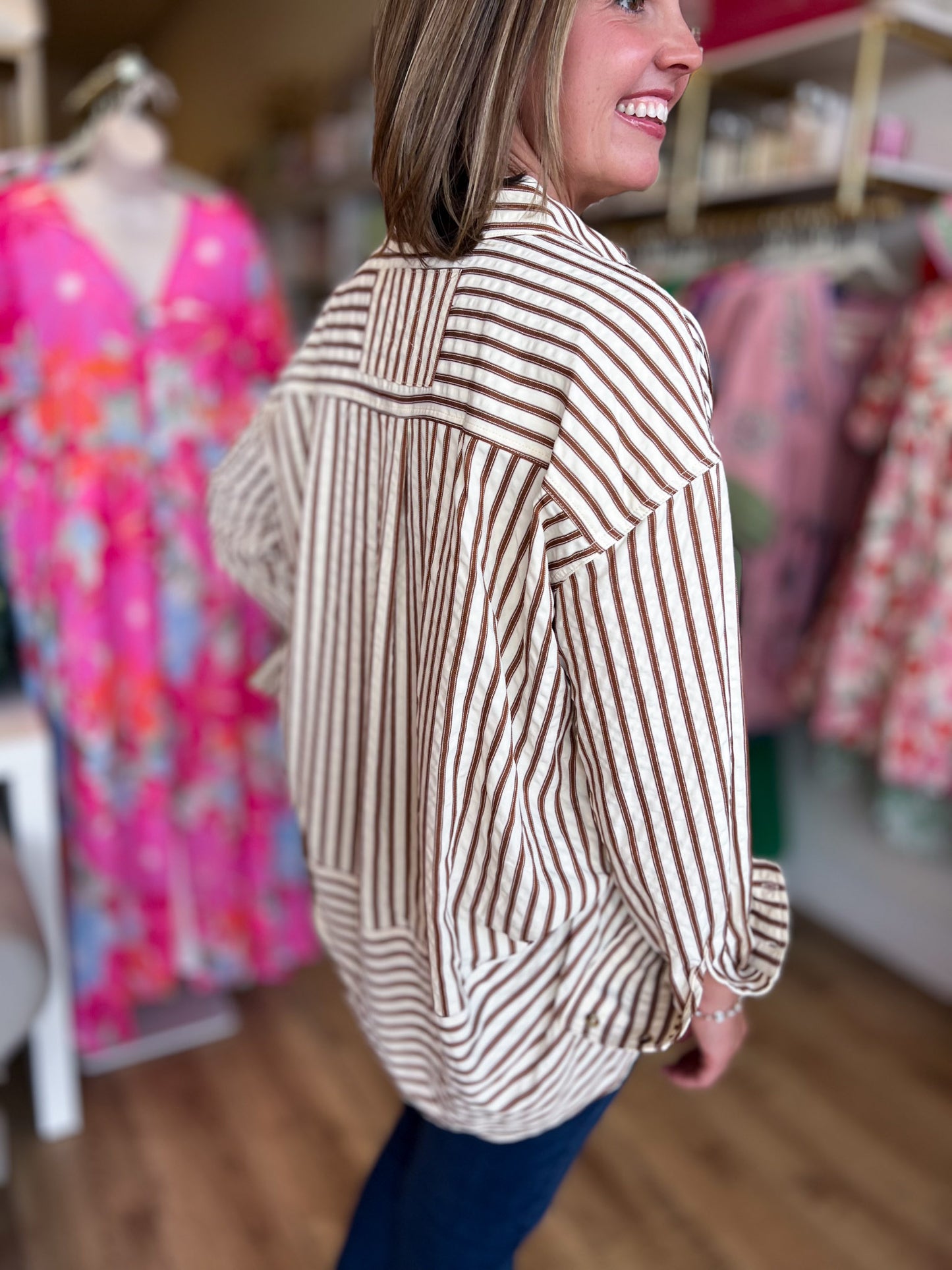Classique Cream & Brown Curvy Striped Button Blouse