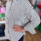 Classique Cream & Navy Curvy Striped Button Blouse