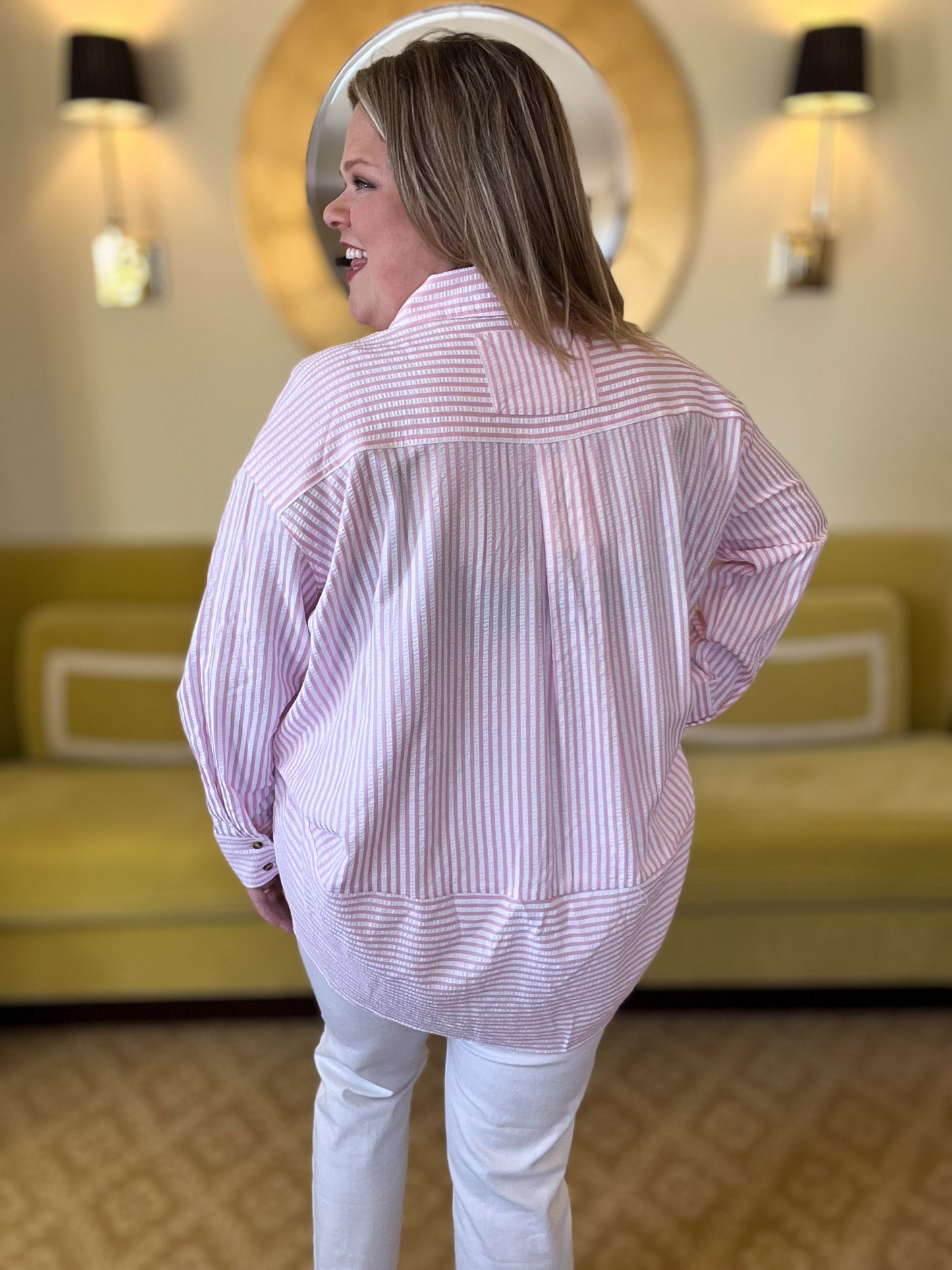 Classique Cream & Pink Curvy Striped Button Blouse