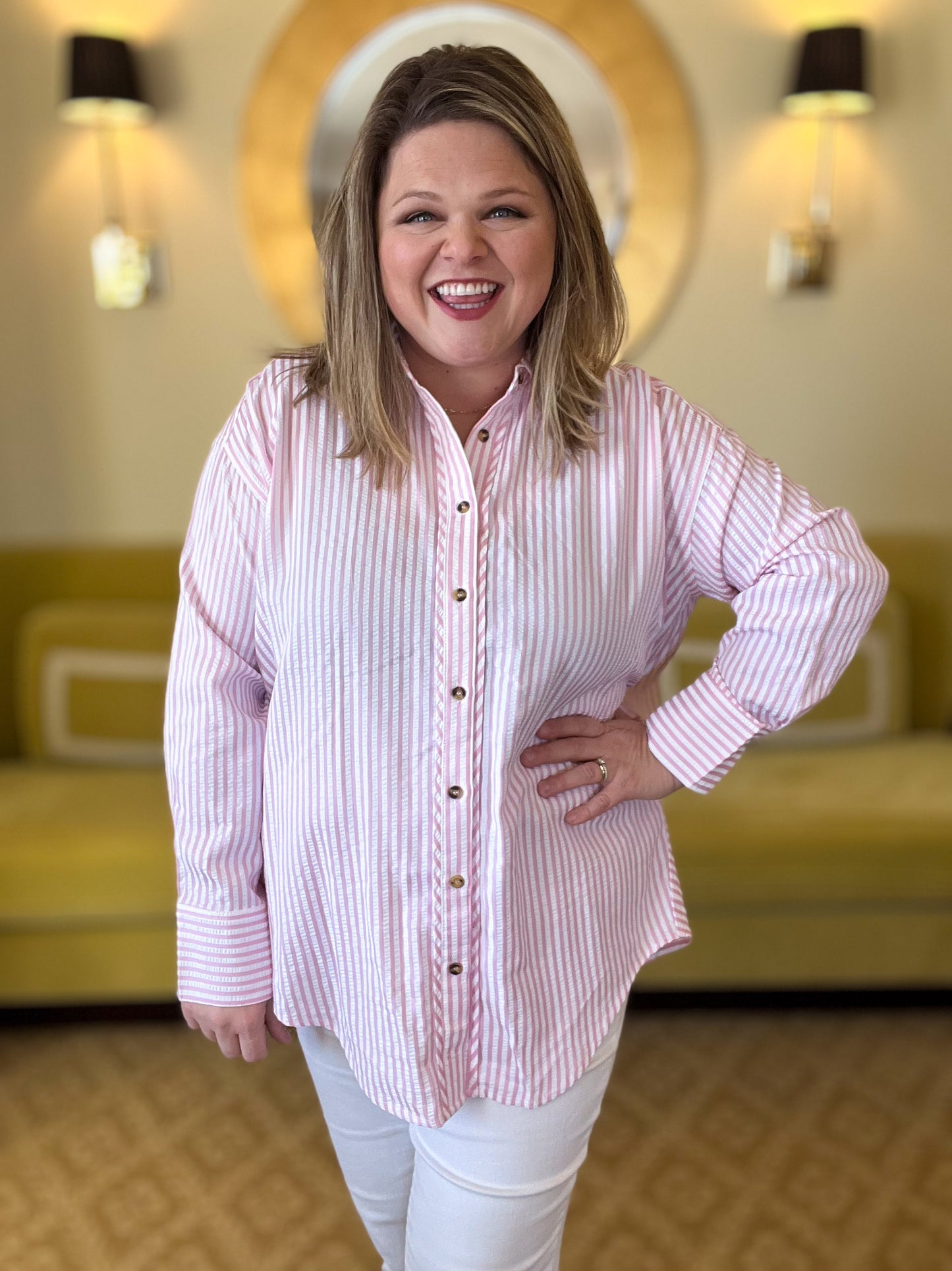 Classique Cream & Pink Curvy Striped Button Blouse