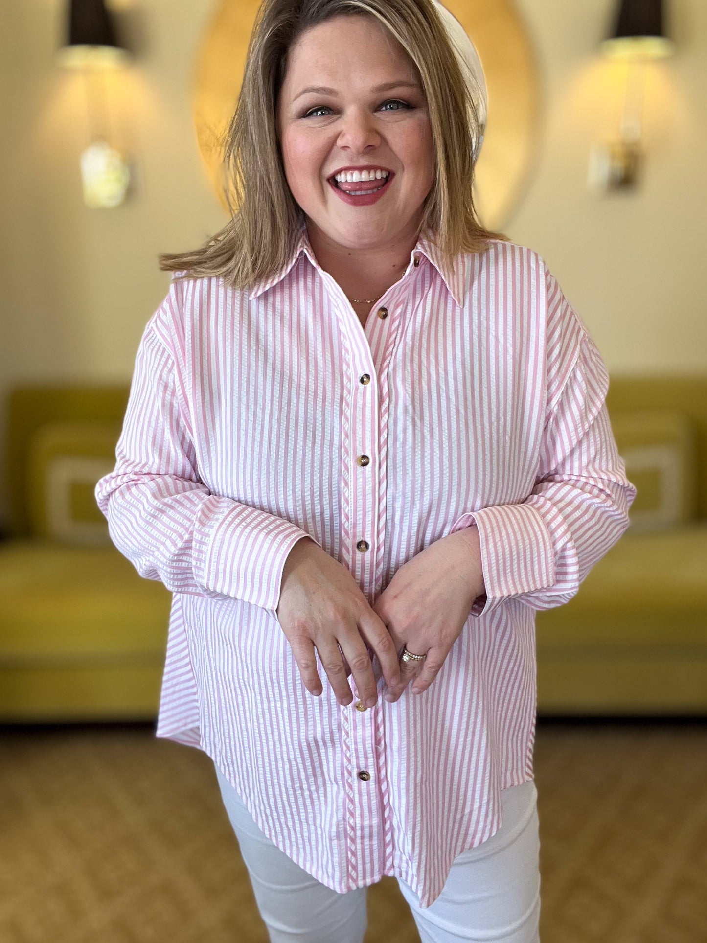 Classique Cream & Pink Curvy Striped Button Blouse