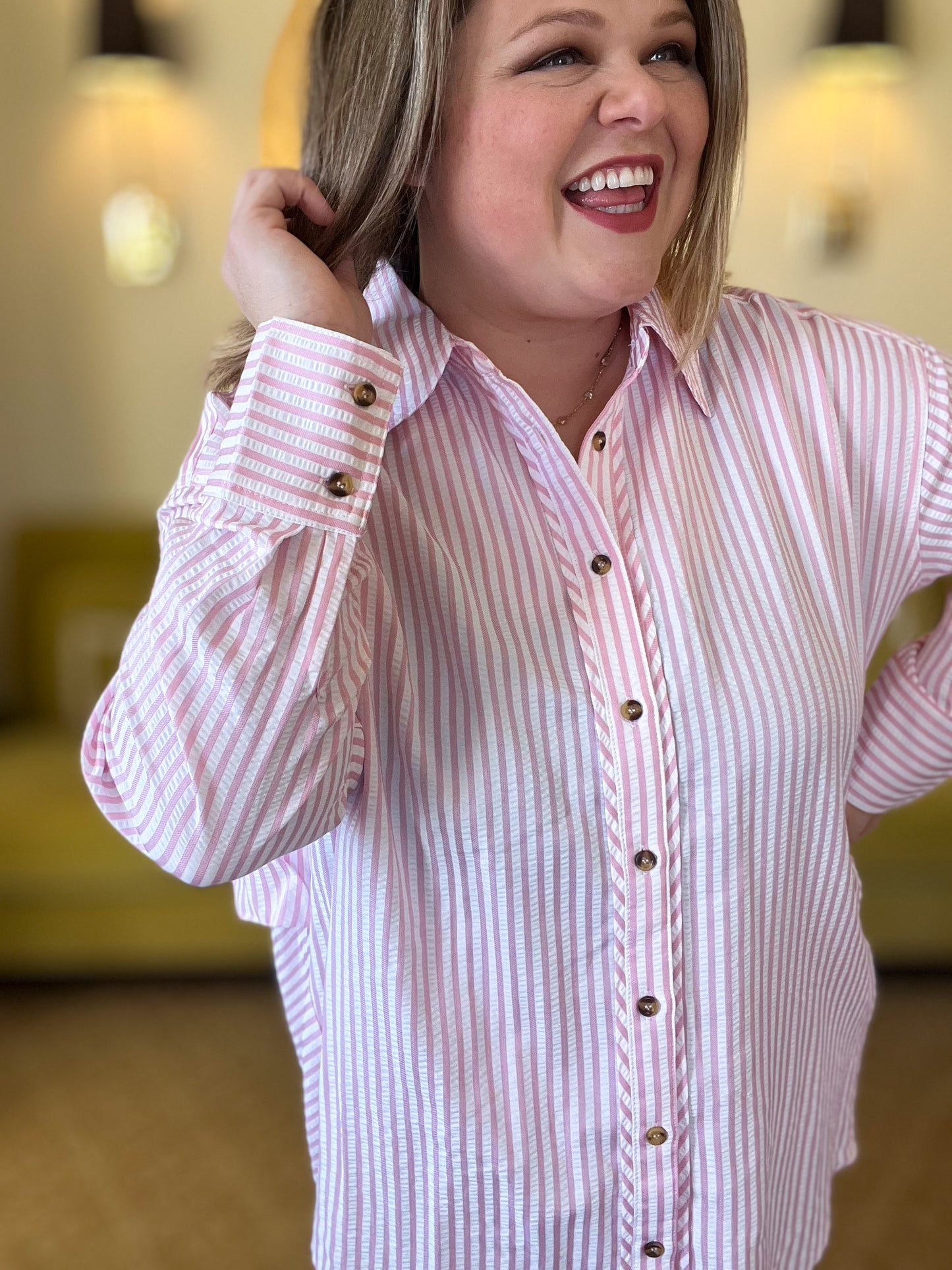 Classique Cream & Pink Curvy Striped Button Blouse