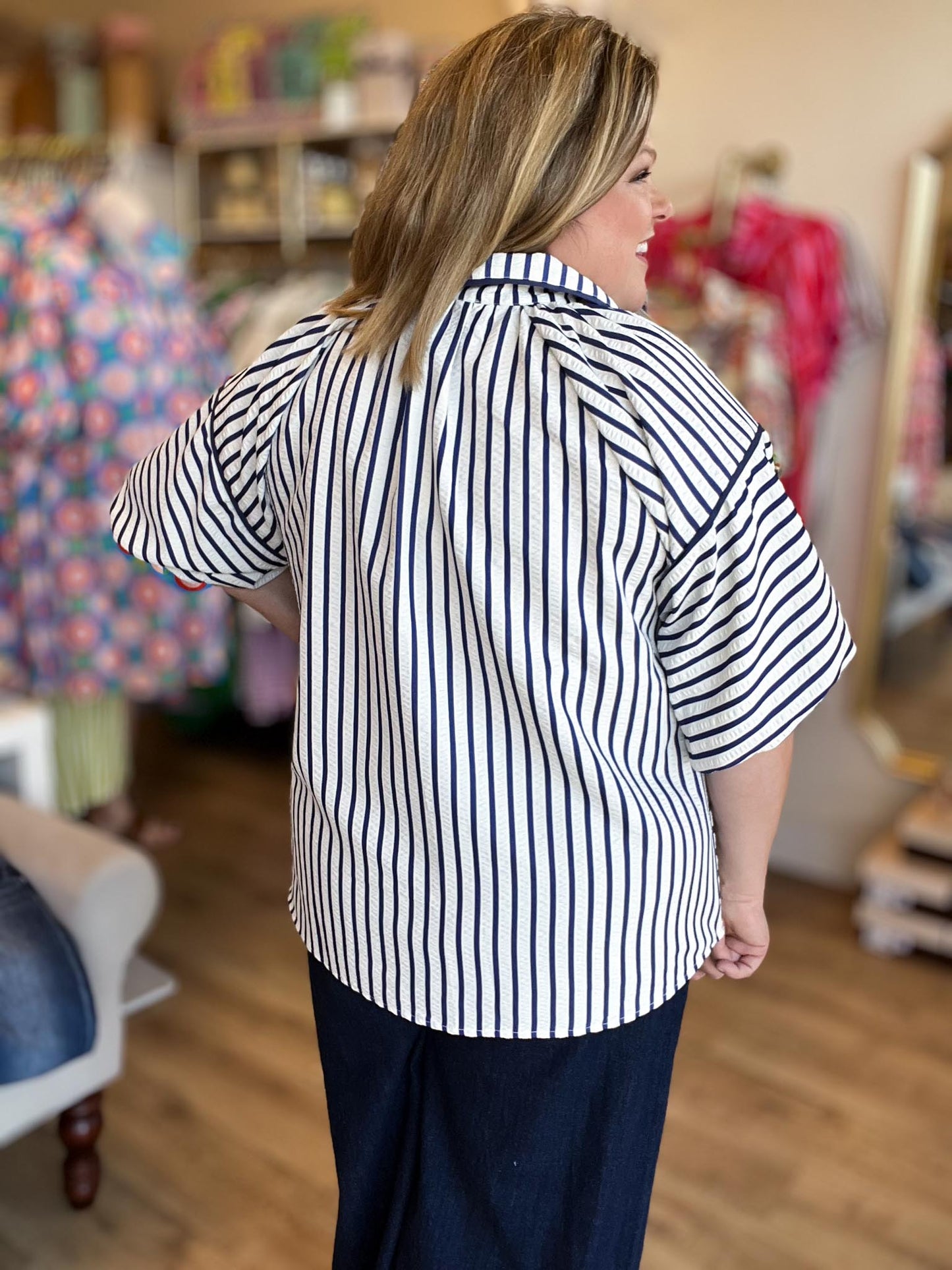 Cloud Cover Curvy Blue Stripe Top