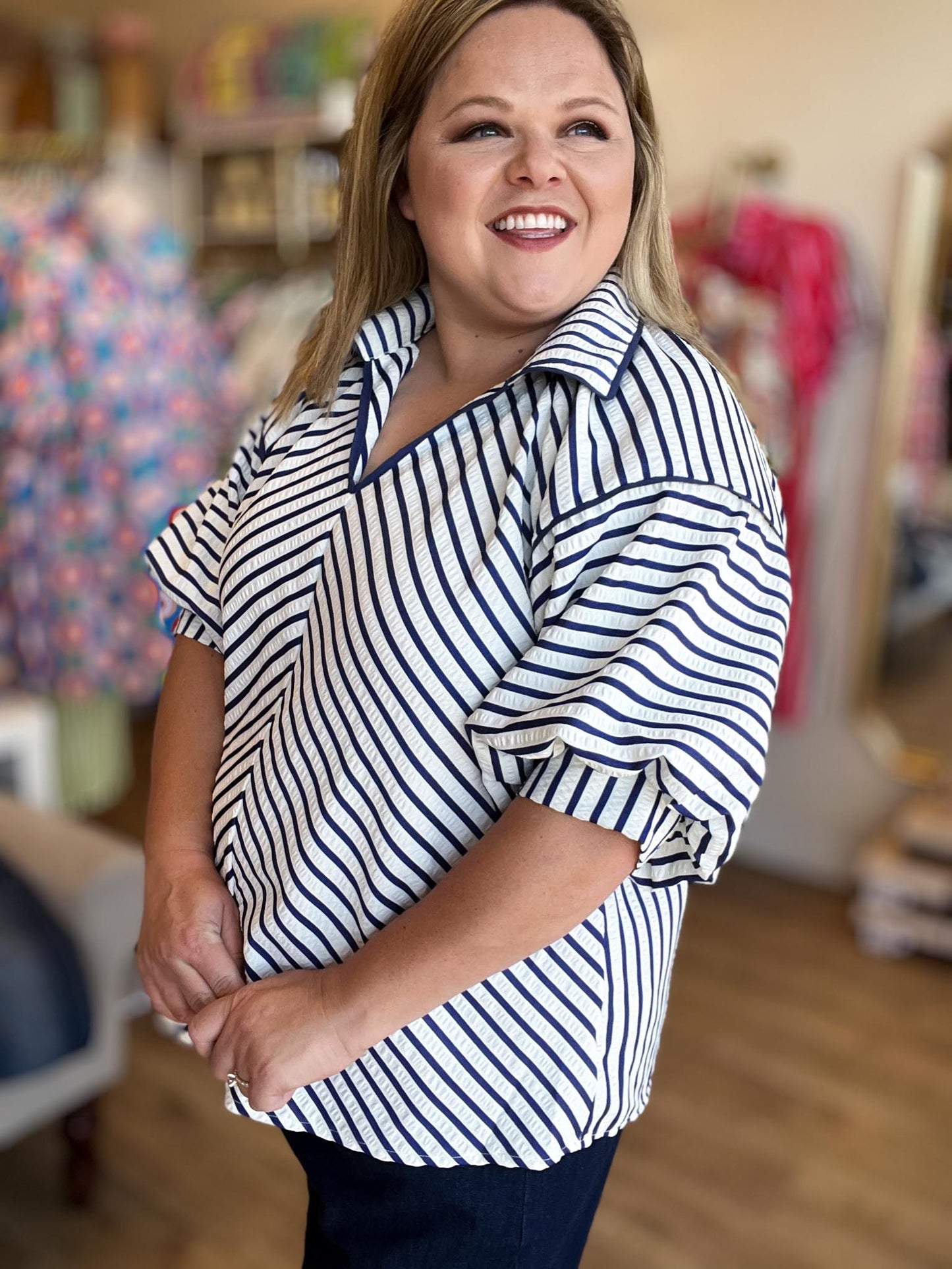 Cloud Cover Curvy Blue Stripe Top