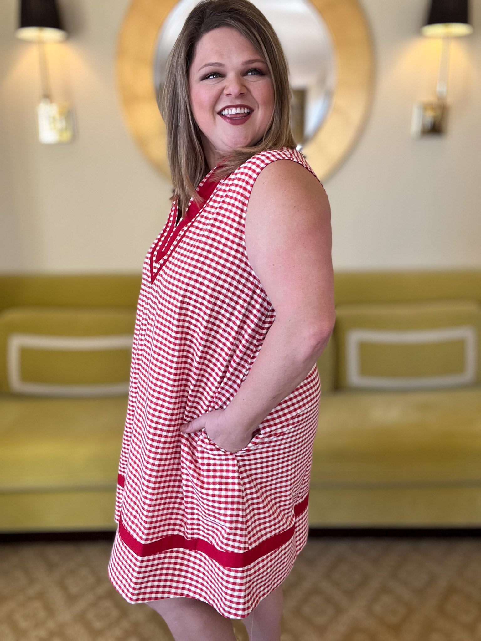 Coastal Check Curvy Red Gingham Dress Medium