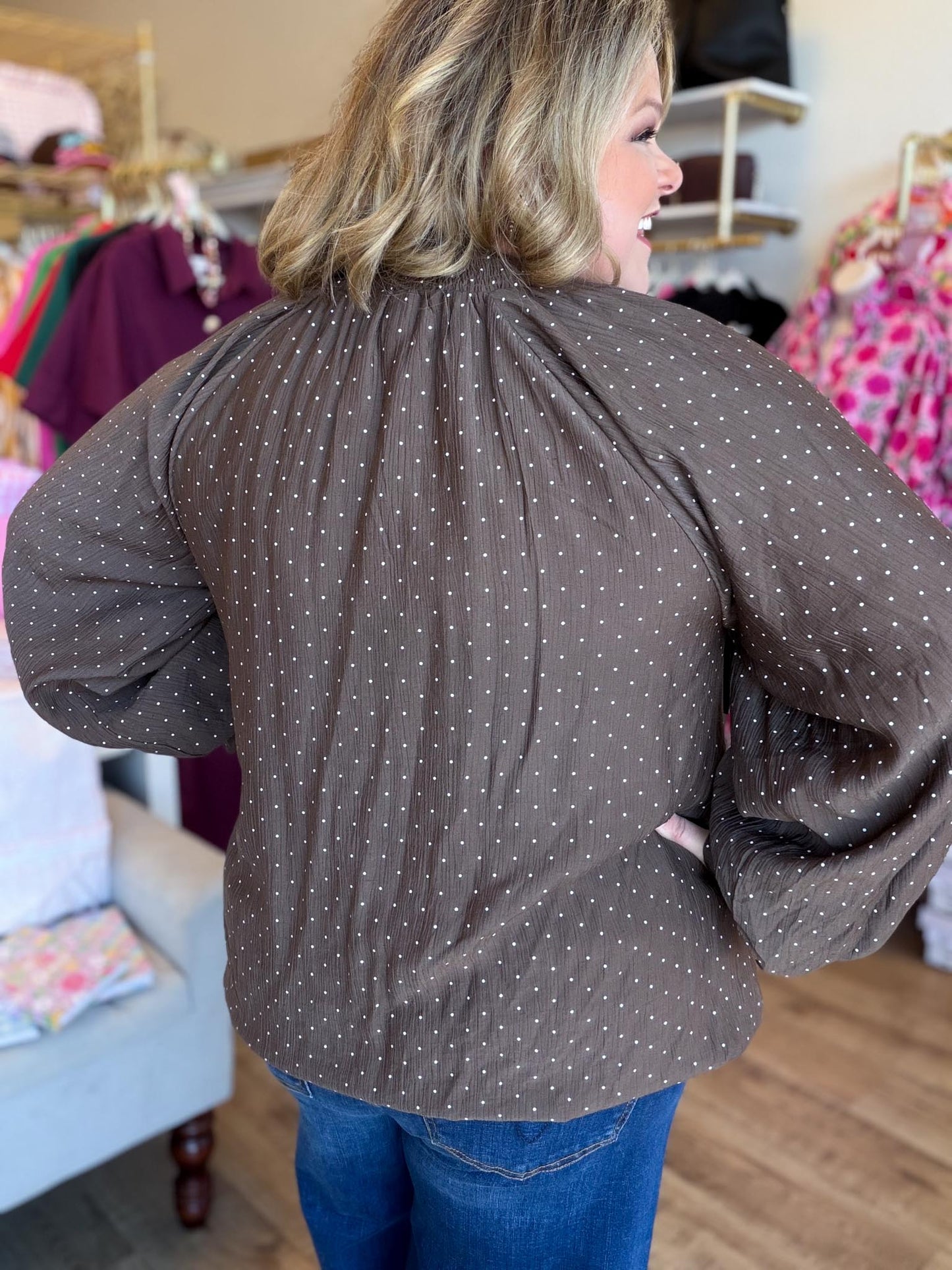 Cocoa Confetti Curvy Brown Bubble Sleeve Polka Dot Top