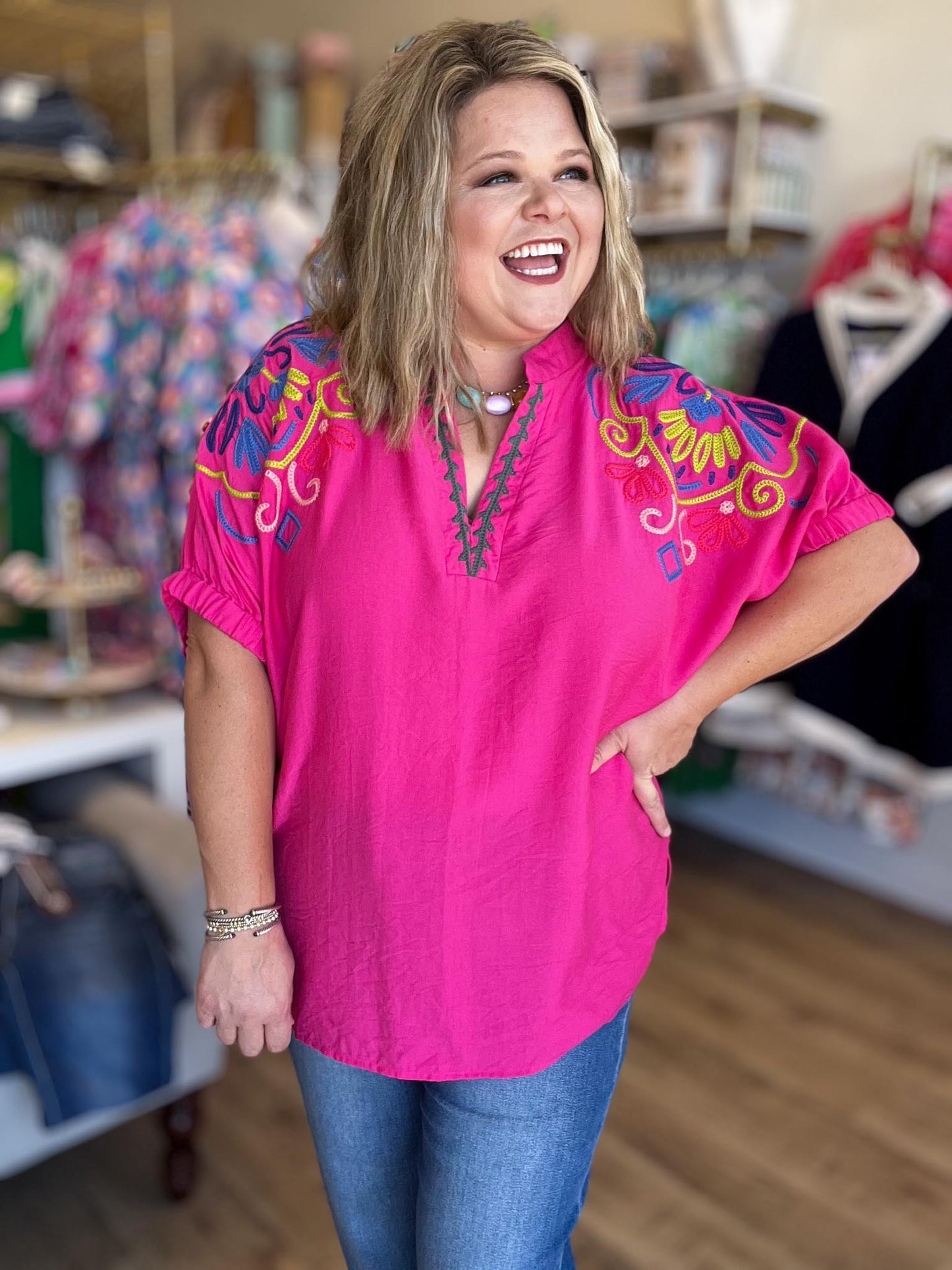 Color Crush Curvy Fuchsia Embroidery Top