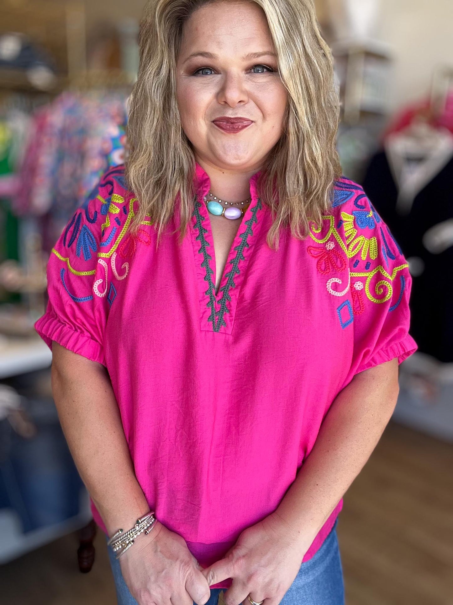 Color Crush Curvy Fuchsia Embroidery Top