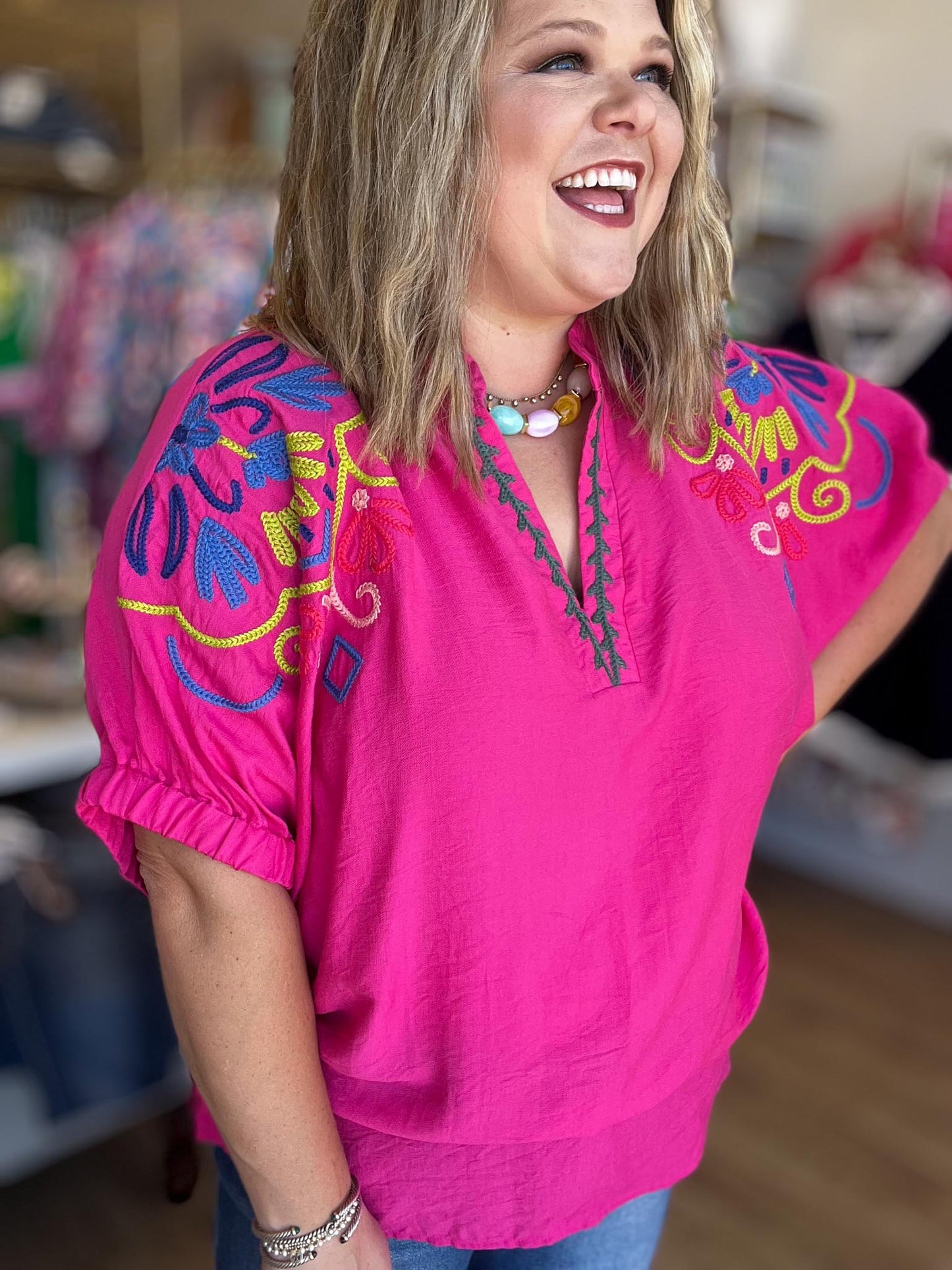 Color Crush Curvy Fuchsia Embroidery Top