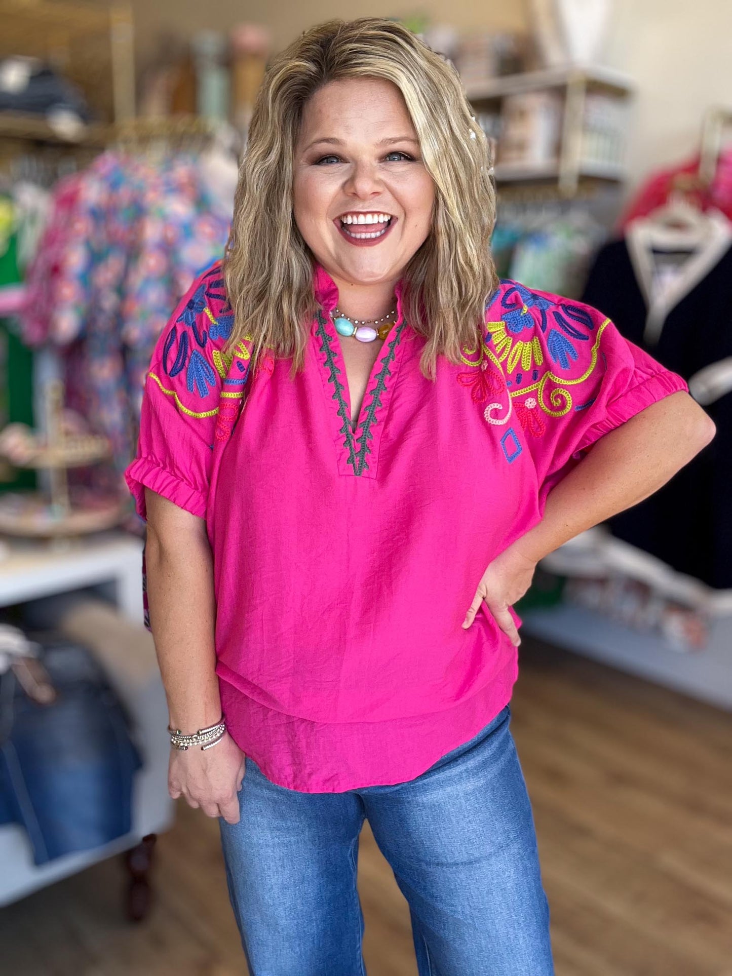 Color Crush Curvy Fuchsia Embroidery Top