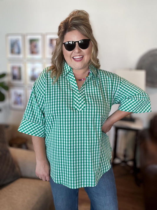 Color Crush Curvy Green Gingham Top