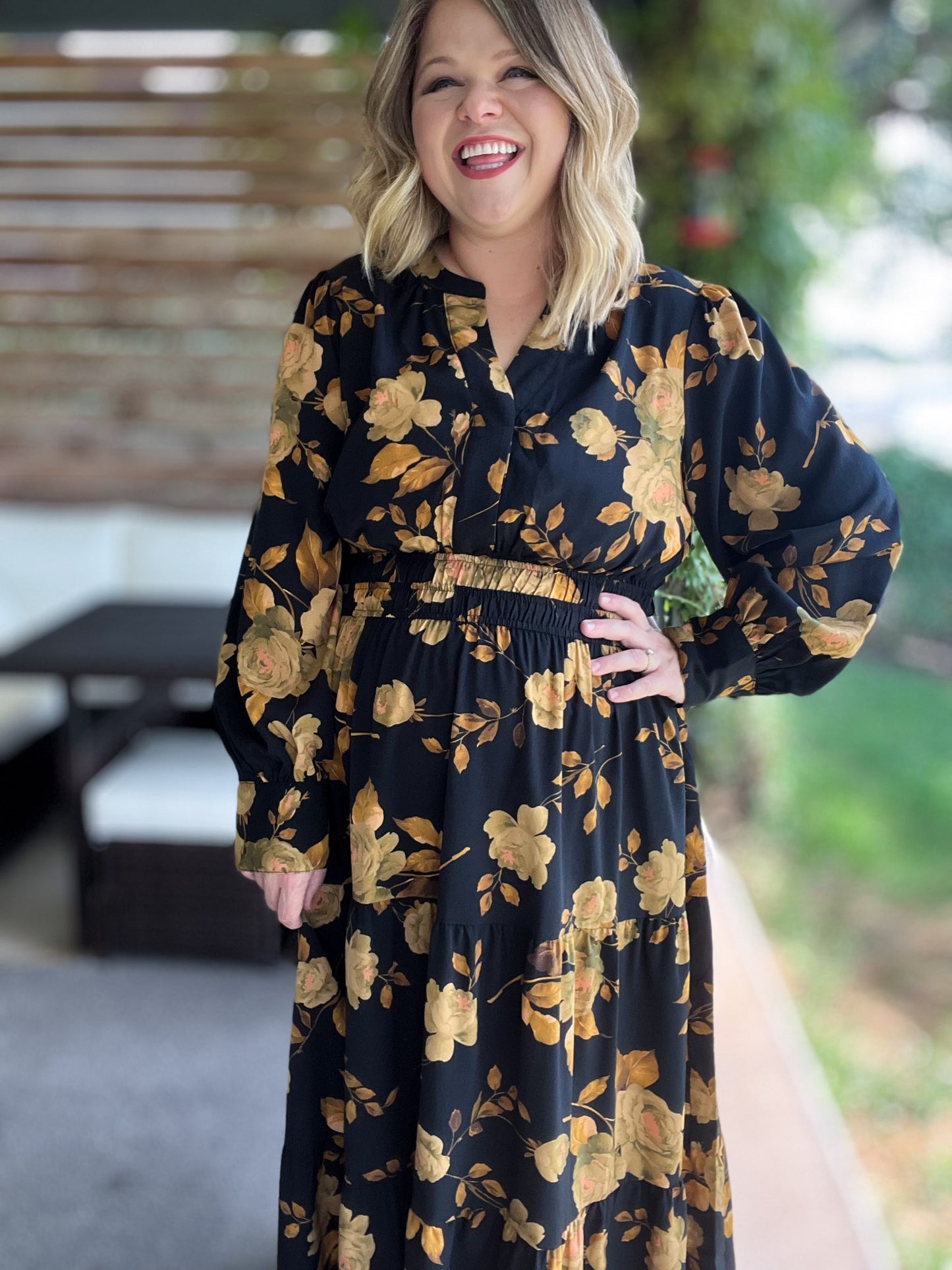Confidence in Sunshine Plus-Size Long Sleeve Black Floral Maxi Dress