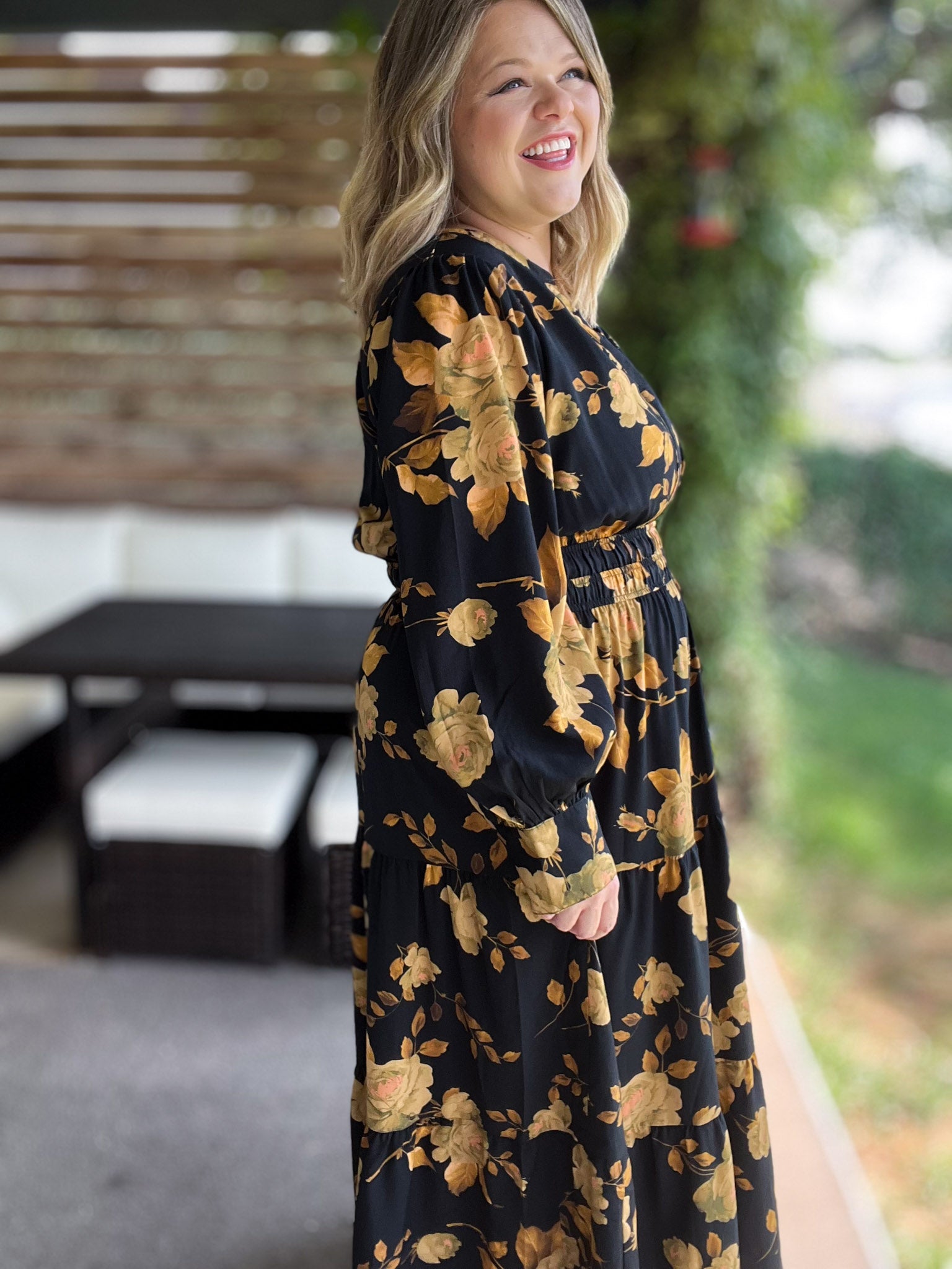 black floral maxi dress long sleeve Long Sleeve Floral Maxi Dress, Button Front Bodice, Pleated Skirt