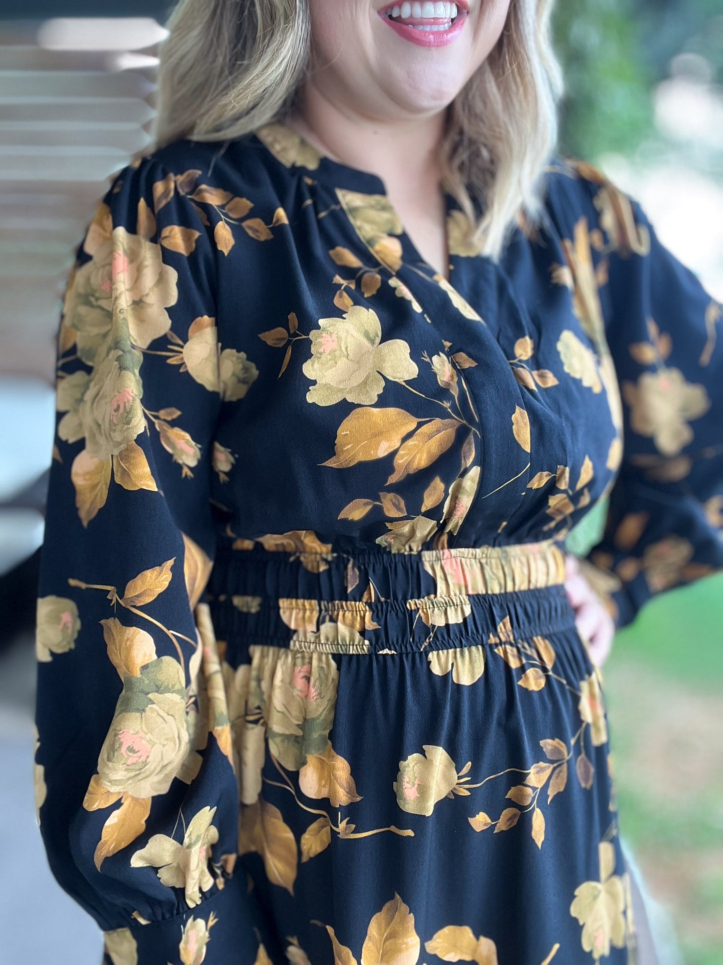 Confidence in Sunshine Plus-Size Long Sleeve Black Floral Maxi Dress