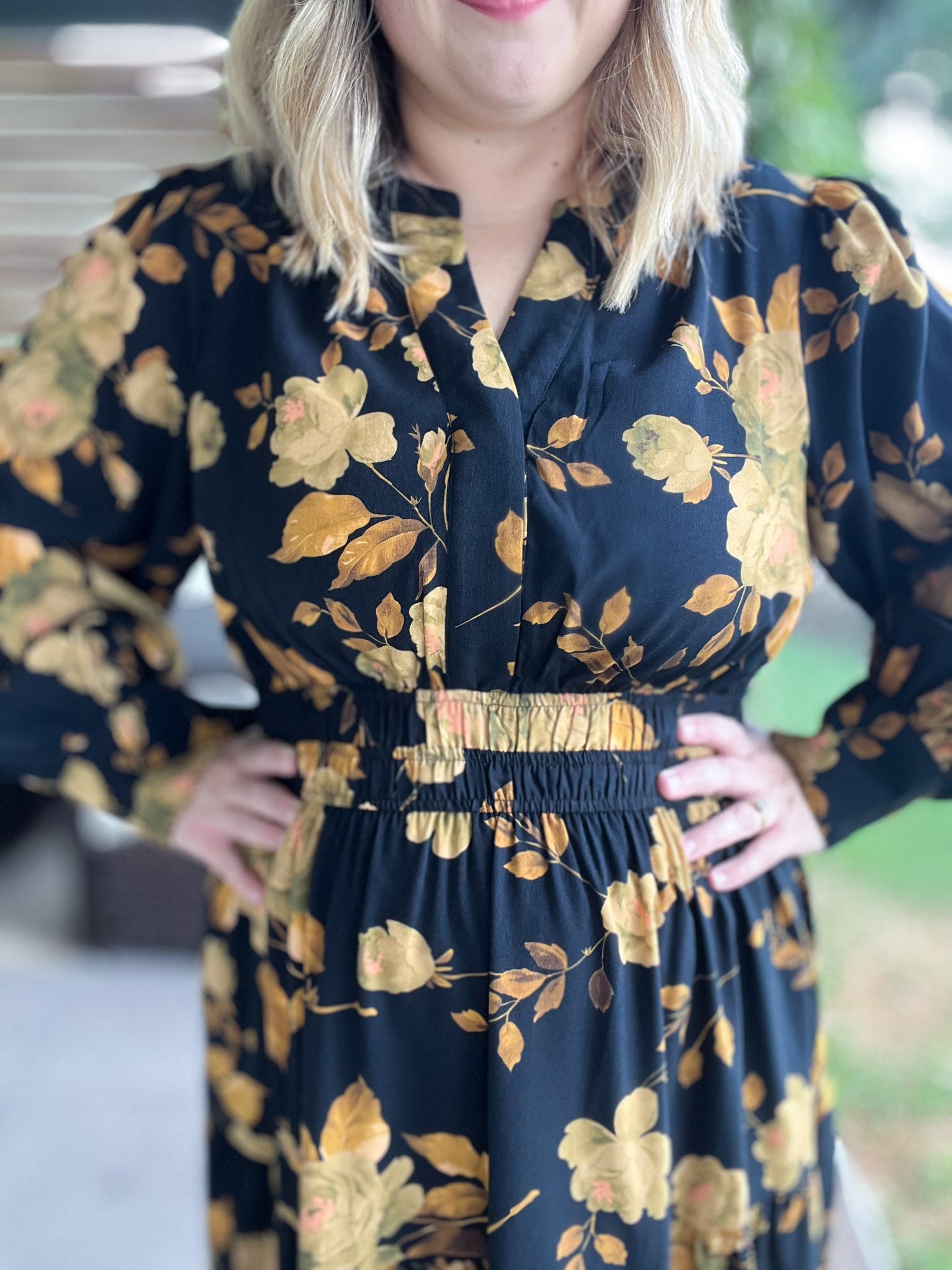 RESTOCKED! Confidence in Sunshine Plus-Size Long Sleeve Black Floral Maxi Dress Medium RESTOCKED! Confidence in Sunshine Plus-Size Long Sleeve Black Floral Maxi Dress Medium