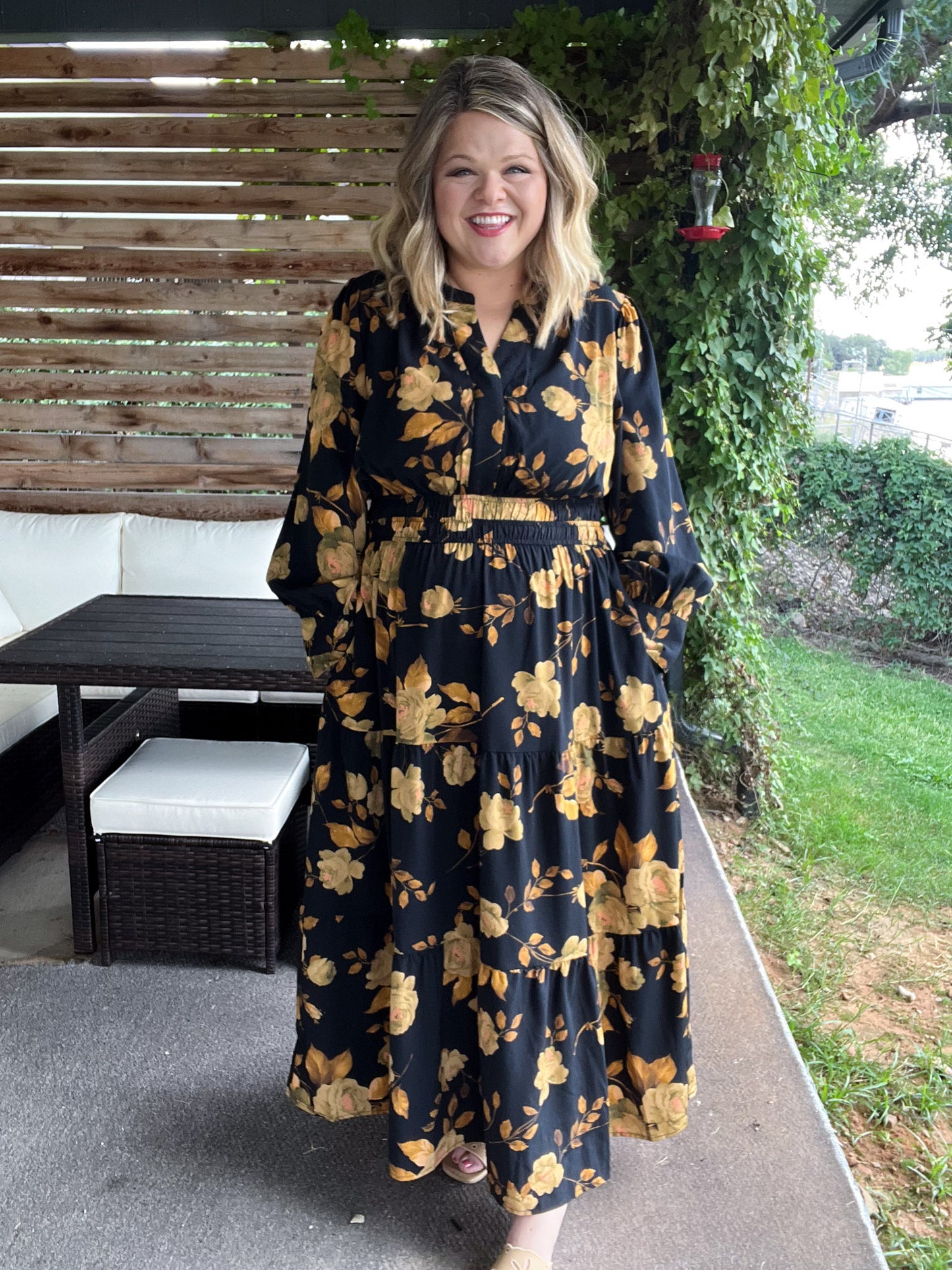 Confidence in Sunshine Plus-Size Long Sleeve Black Floral Maxi Dress