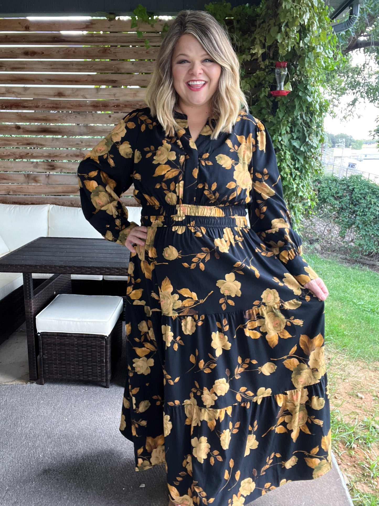 Confidence in Sunshine Plus-Size Long Sleeve Black Floral Maxi Dress