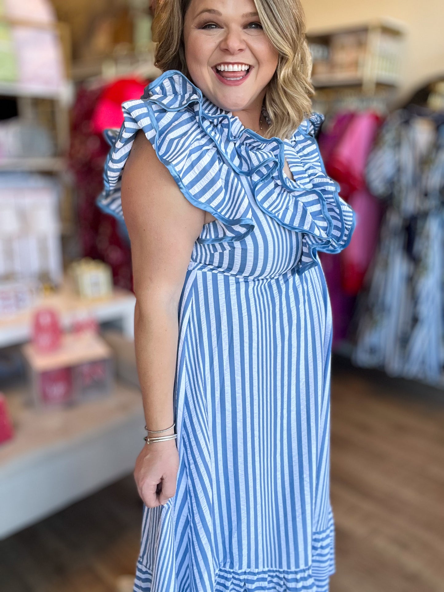 RESTOCKED! Cotton Candy Curvy Stripe Flutter Midi Dress