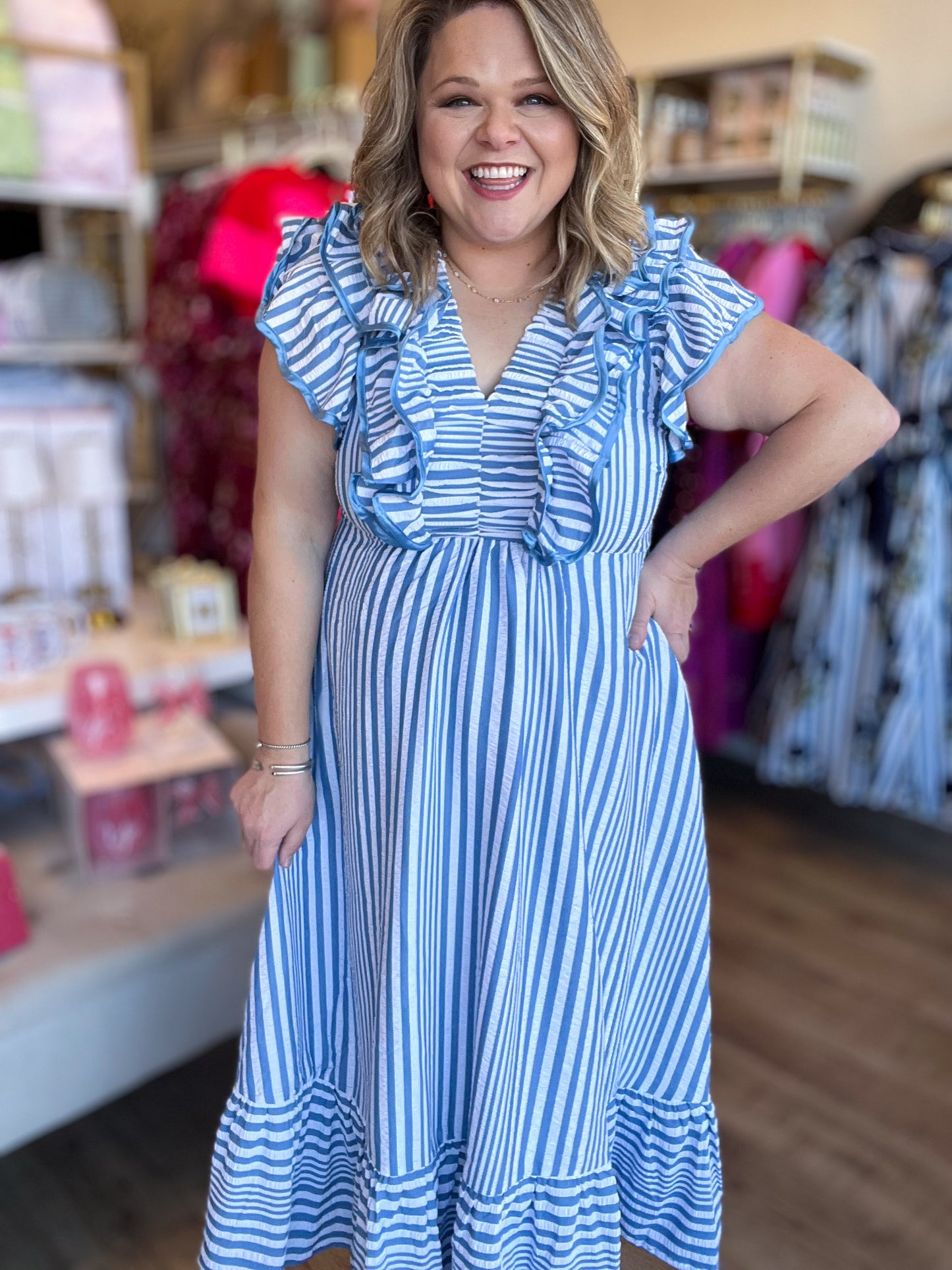 RESTOCKED! Cotton Candy Curvy Stripe Flutter Midi Dress