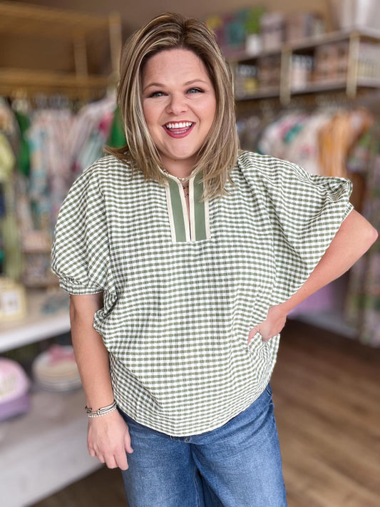 Country Charm Curvy Gingham Dolman Top