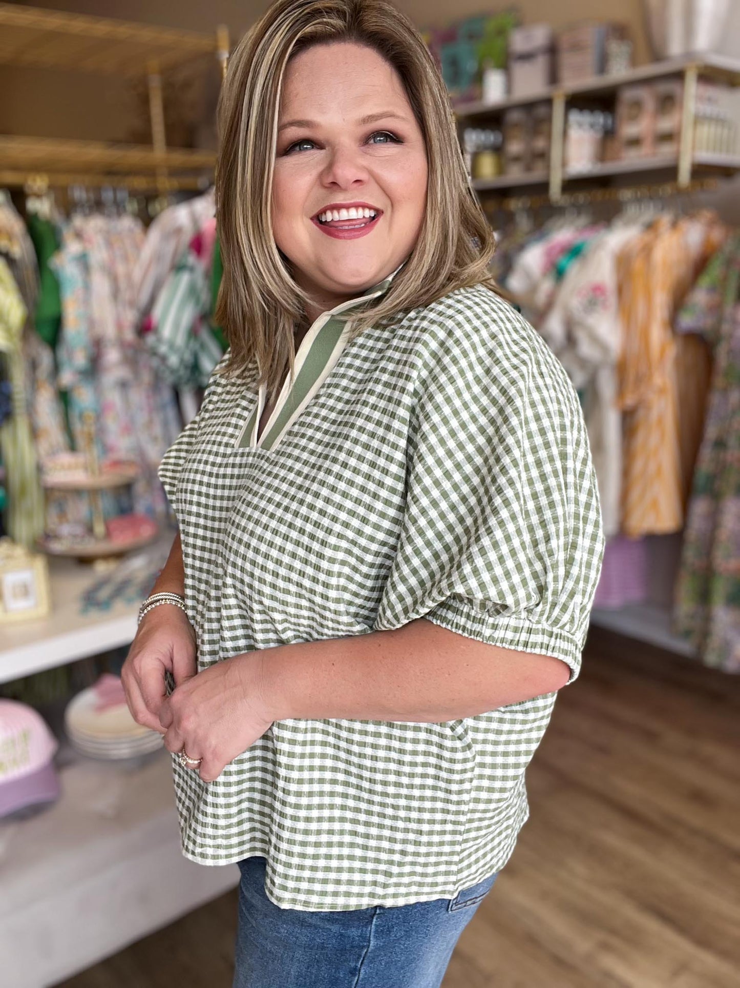 Country Charm Curvy Gingham Dolman Top