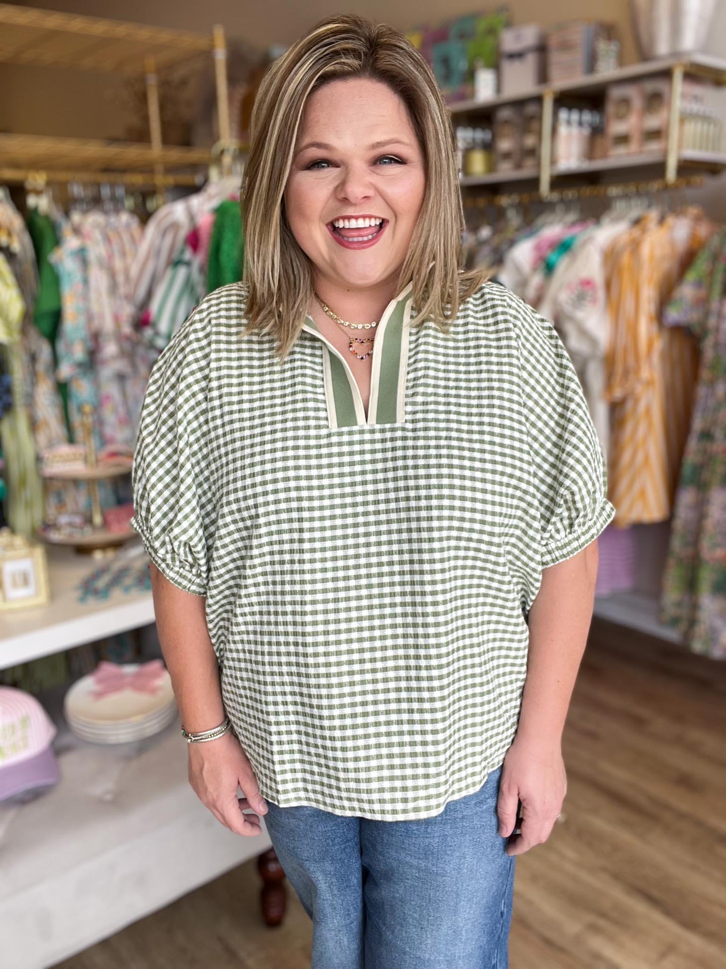 Country Charm Curvy Gingham Dolman Top