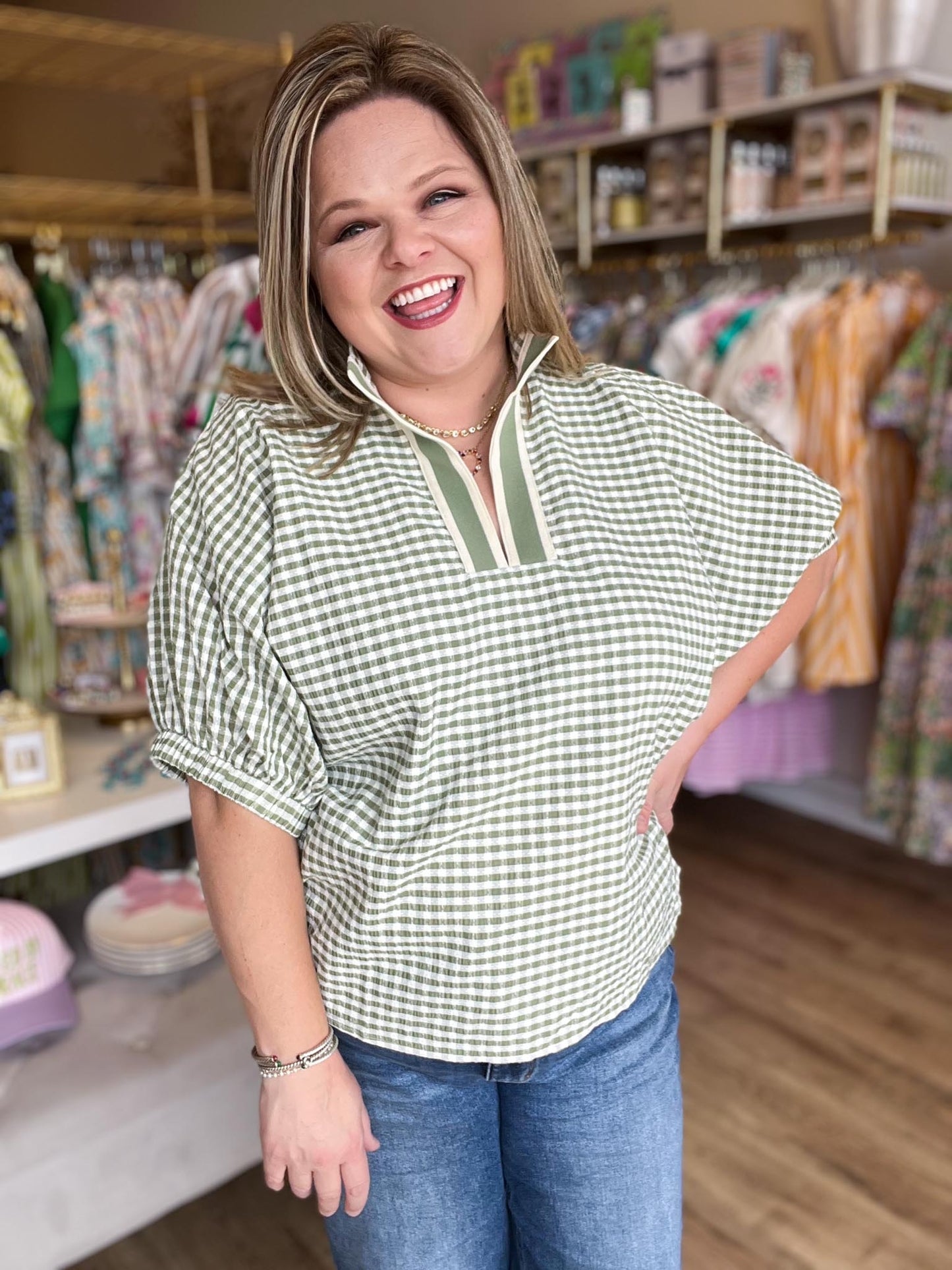 Country Charm Curvy Gingham Dolman Top