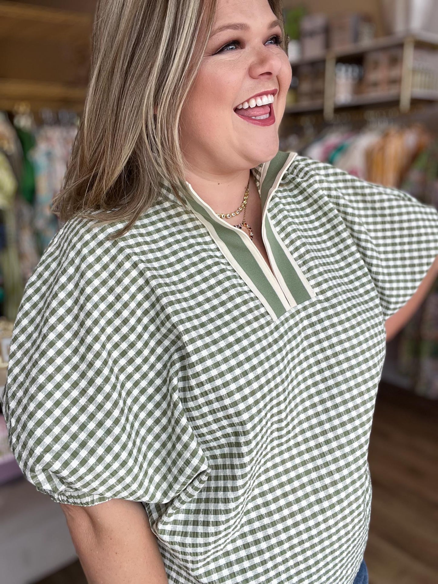 Country Charm Curvy Gingham Dolman Top