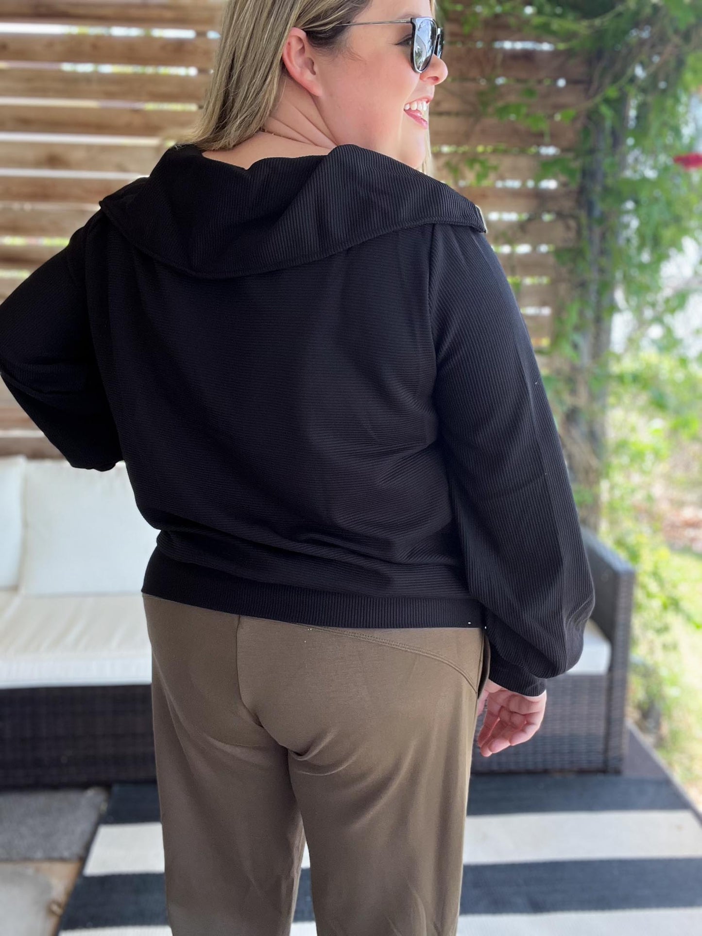 Curvy Black Ribbed Knit Half Zip Top