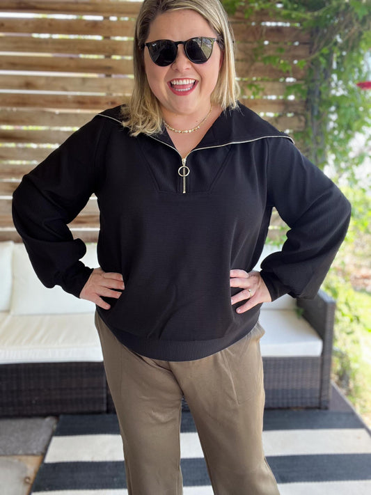 Curvy Black Ribbed Knit Half Zip Top