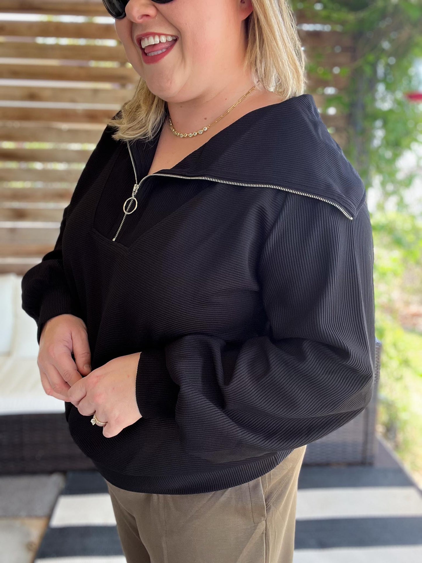 Curvy Black Ribbed Knit Half Zip Top