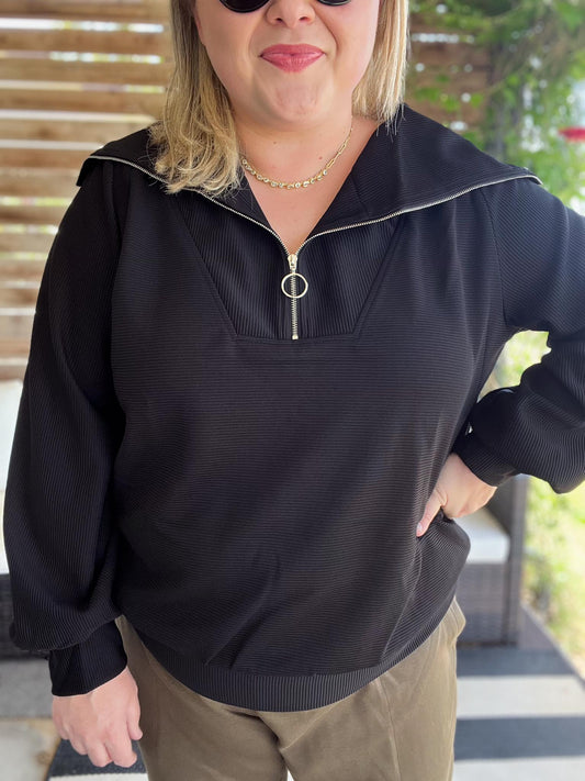 Curvy Black Ribbed Knit Half Zip Top