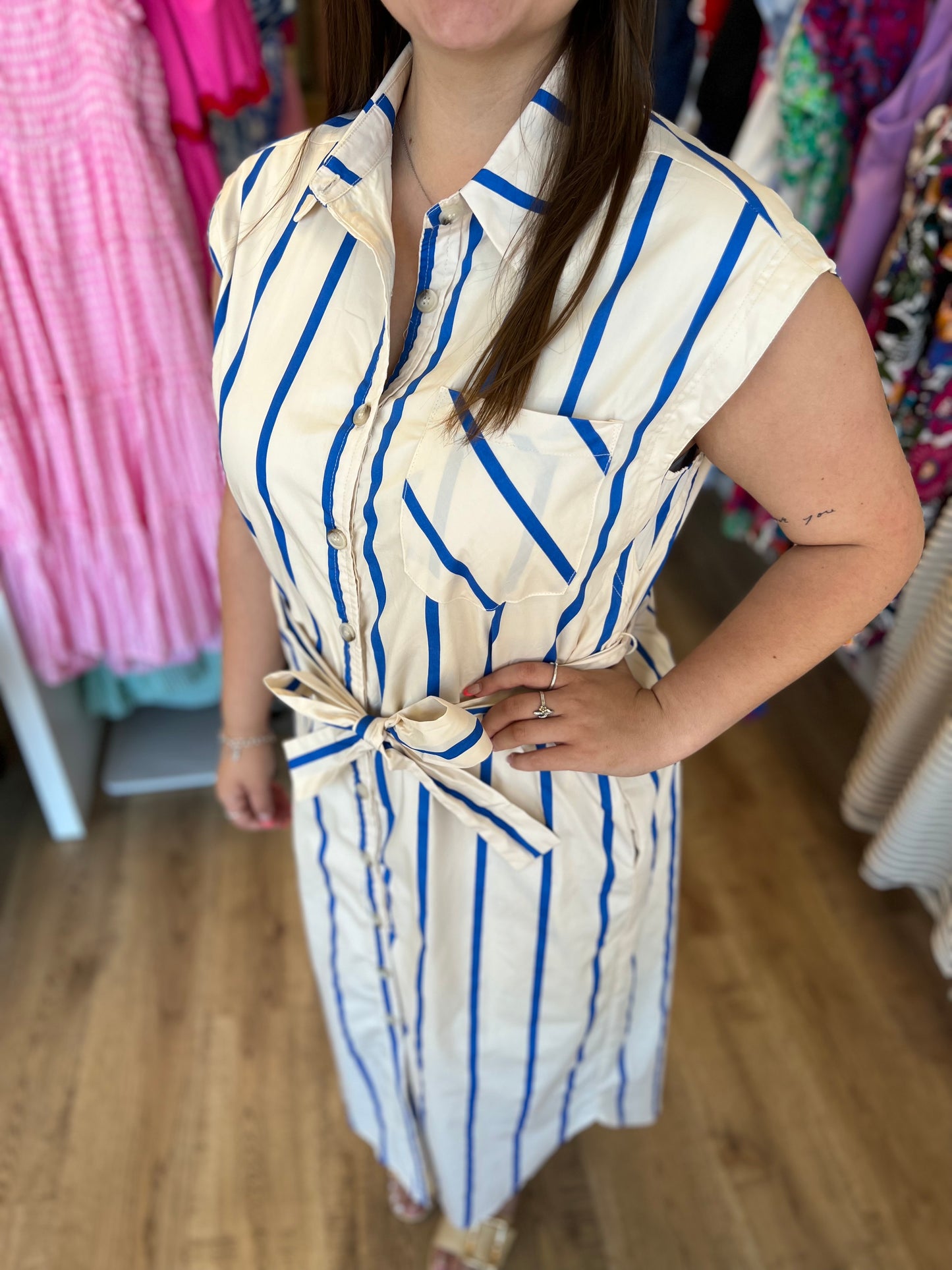 “Anchors Away” Natural Blue Stripe Belted Midi Dress