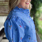 Dancing Dahlias Curvy Blue Stripe Ruffle Top