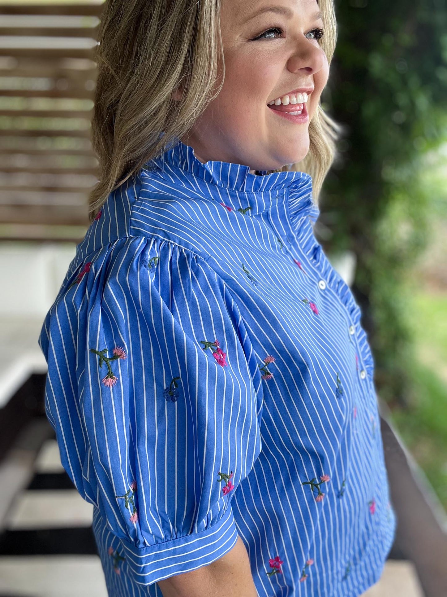 Dancing Dahlias Curvy Blue Stripe Ruffle Top
