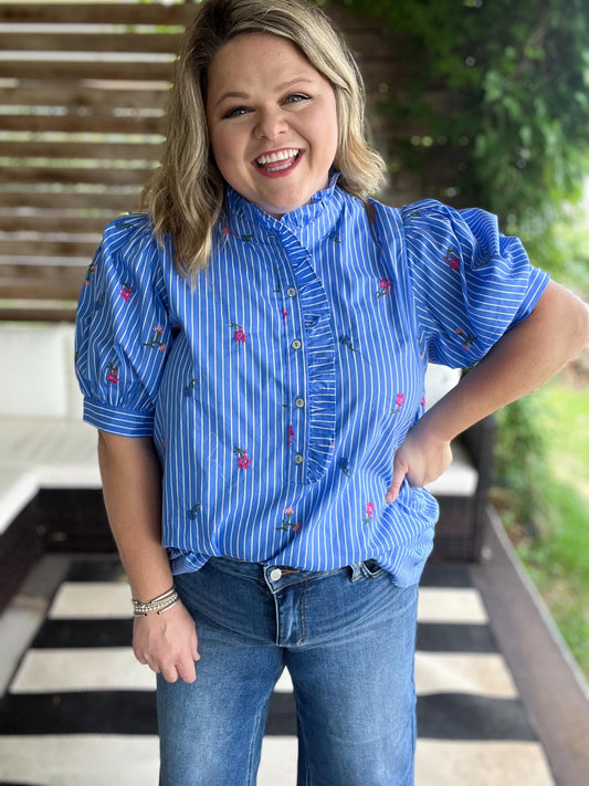 Dancing Dahlias Curvy Blue Stripe Ruffle Top