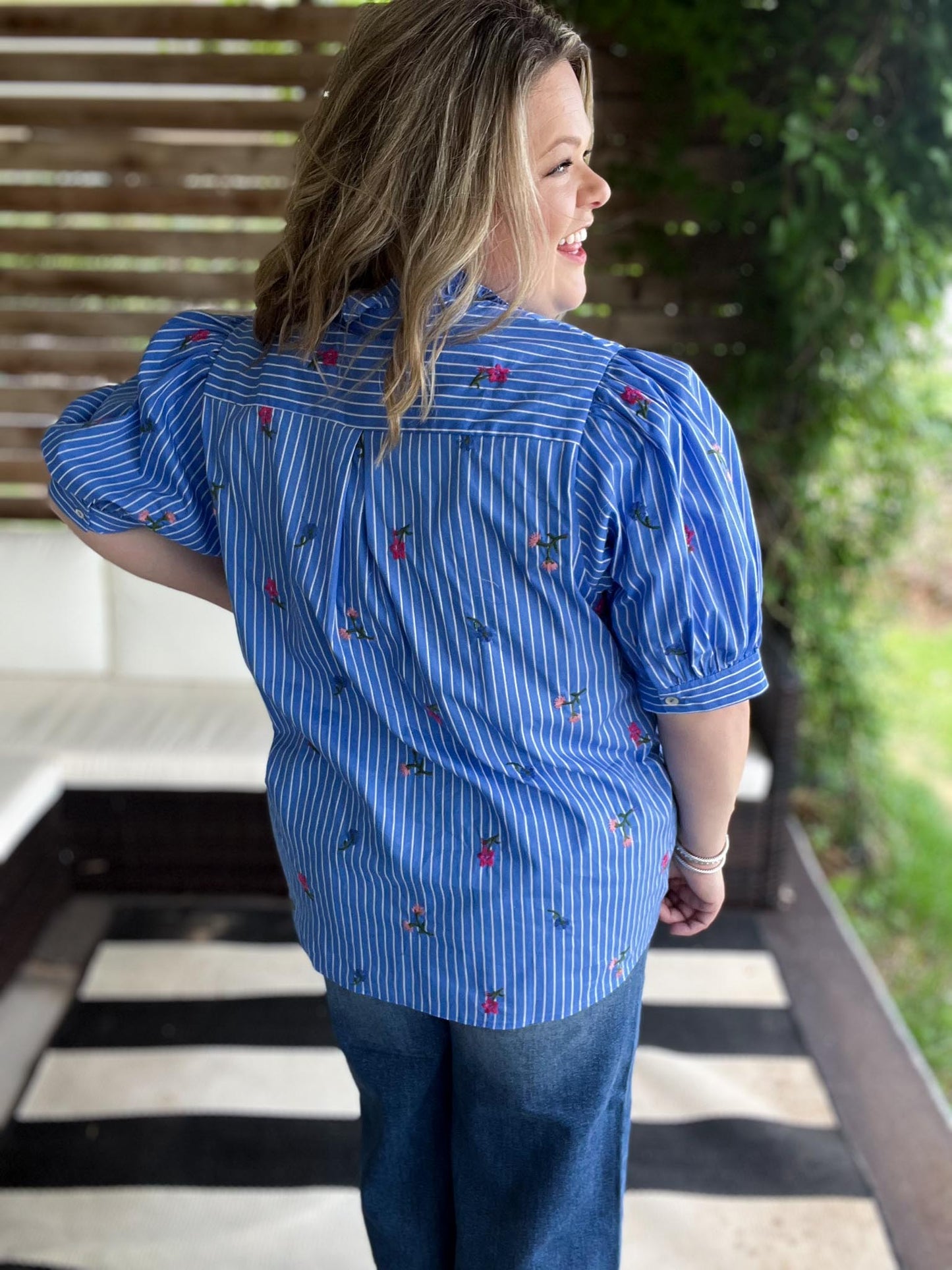 Dancing Dahlias Curvy Blue Stripe Ruffle Top