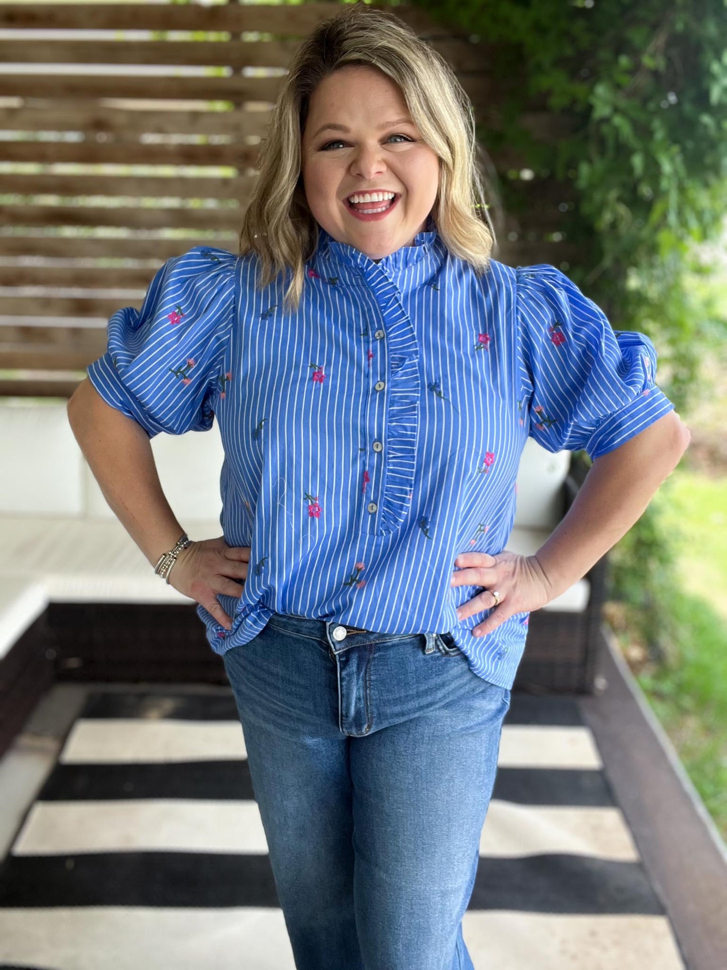 Dancing Dahlias Curvy Blue Stripe Ruffle Top