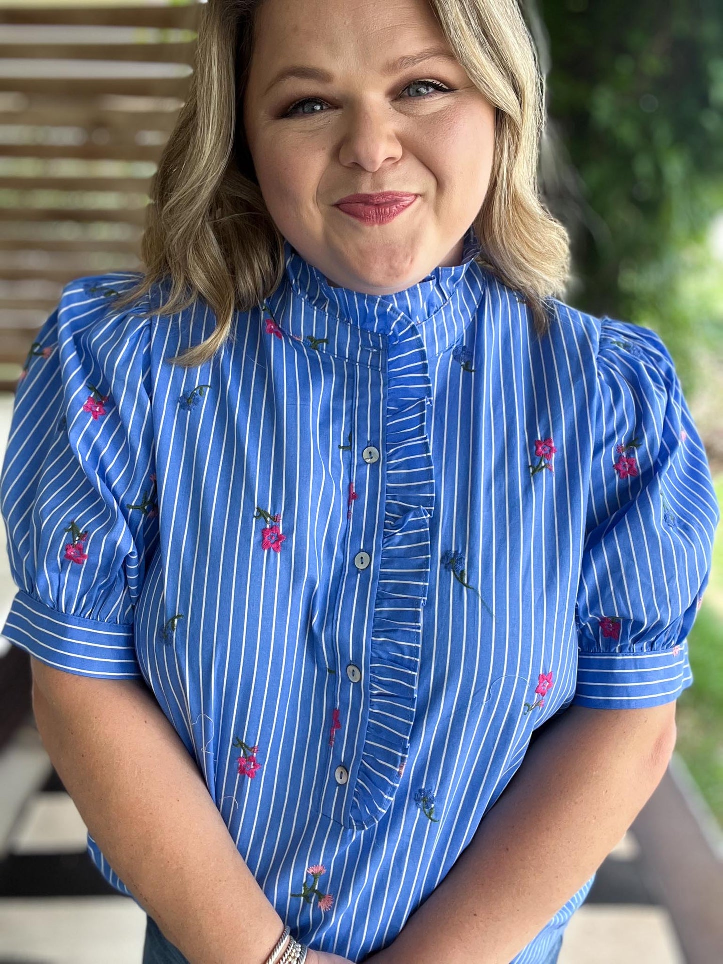 Dancing Dahlias Curvy Blue Stripe Ruffle Top