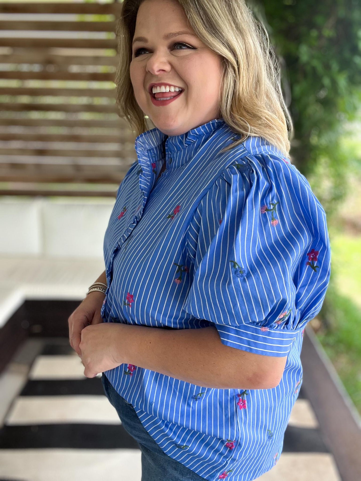 Dancing Dahlias Curvy Blue Stripe Ruffle Top