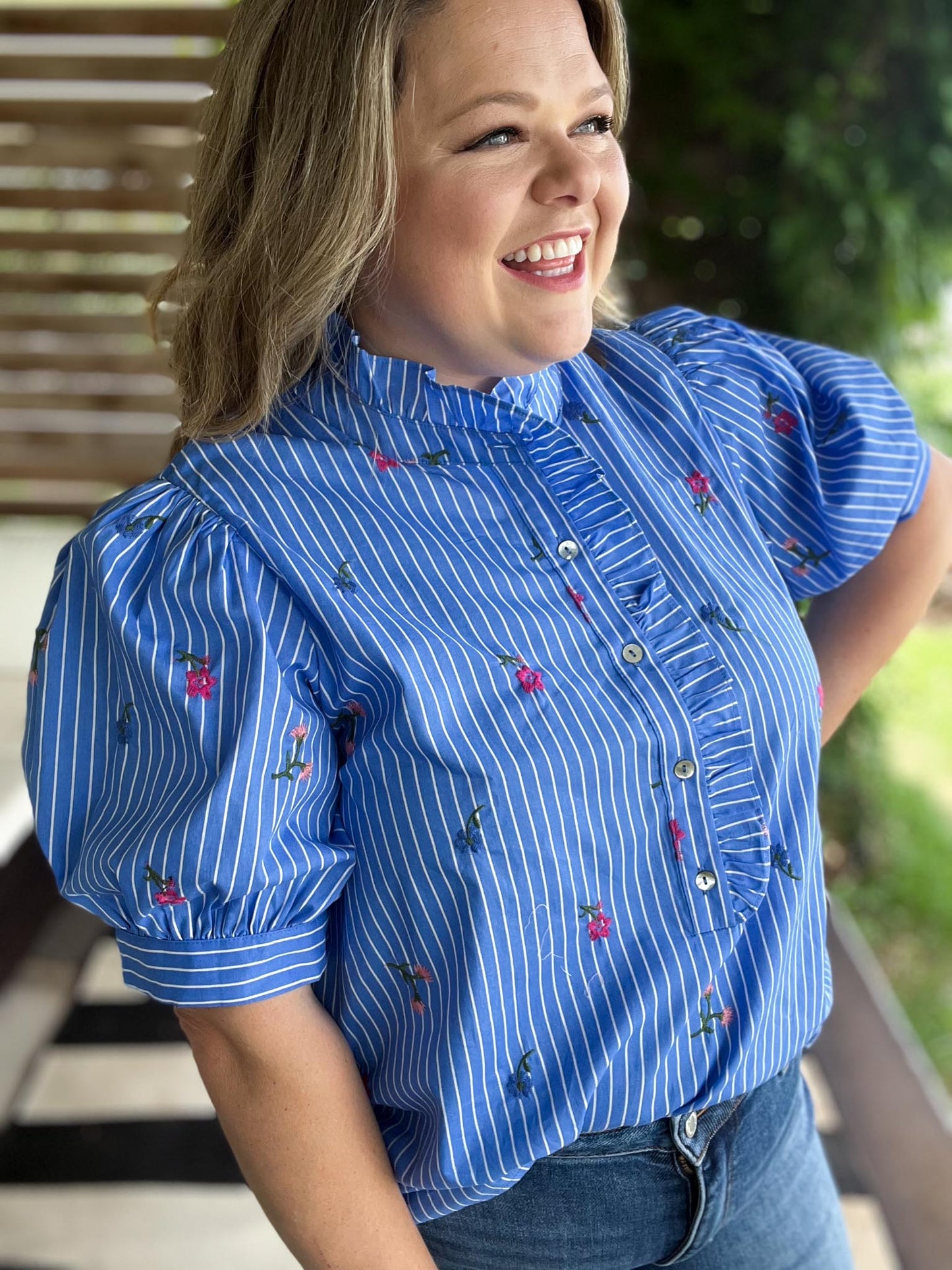 Dancing Dahlias Curvy Blue Stripe Ruffle Top