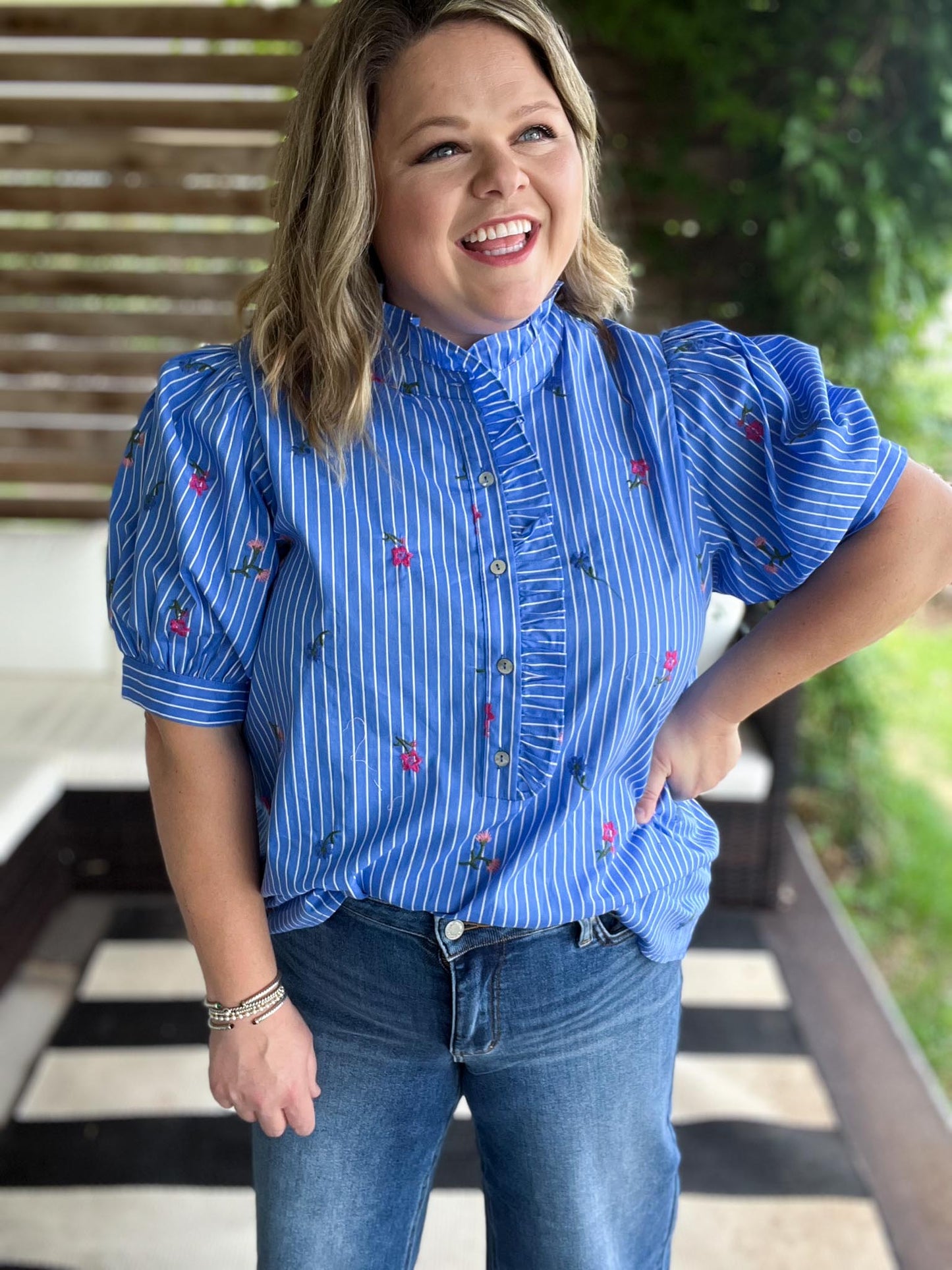 Dancing Dahlias Curvy Blue Stripe Ruffle Top